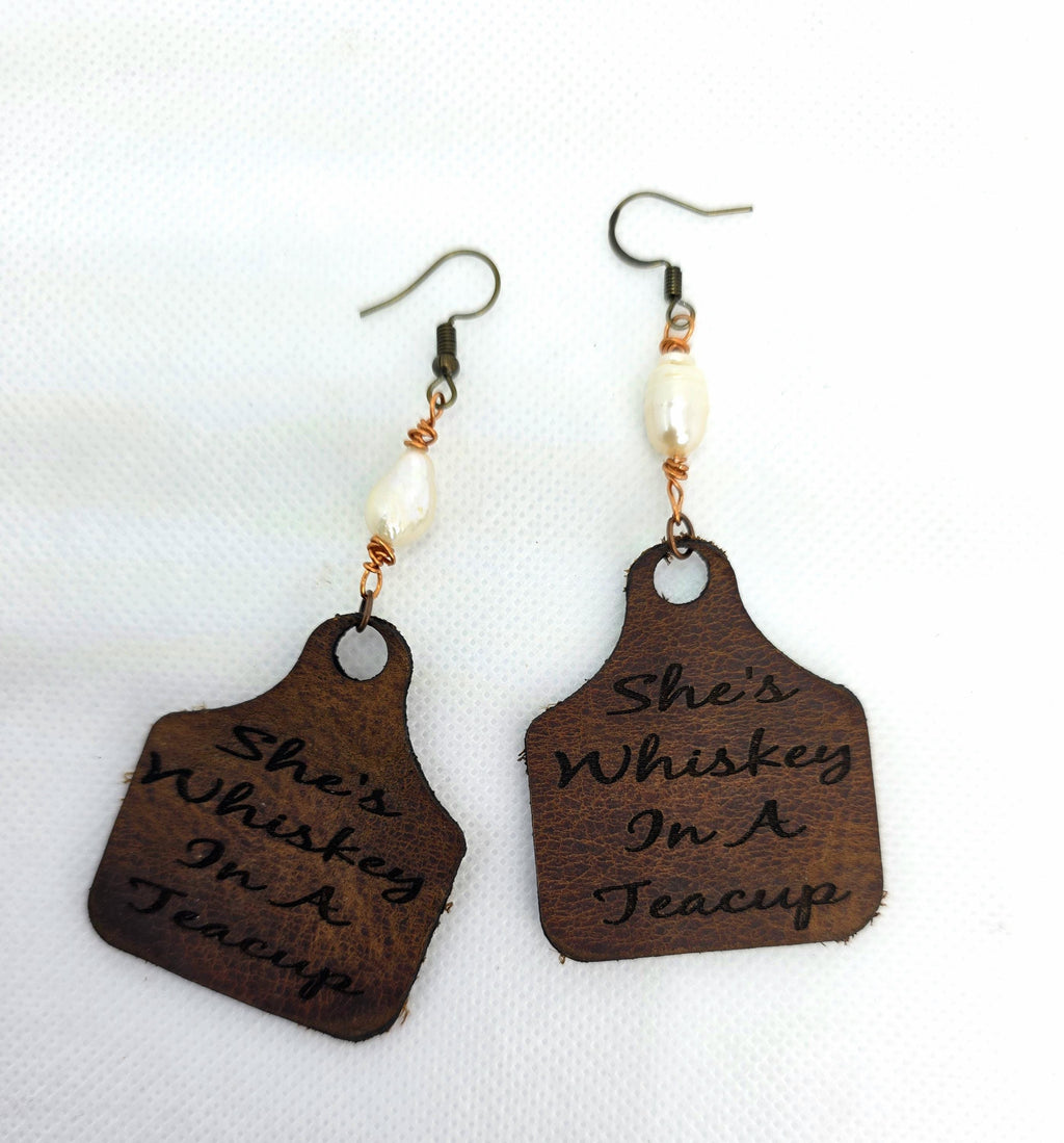 Handmade Leather Earrings: Copper Wire Wrapped Pearl, Western Boho