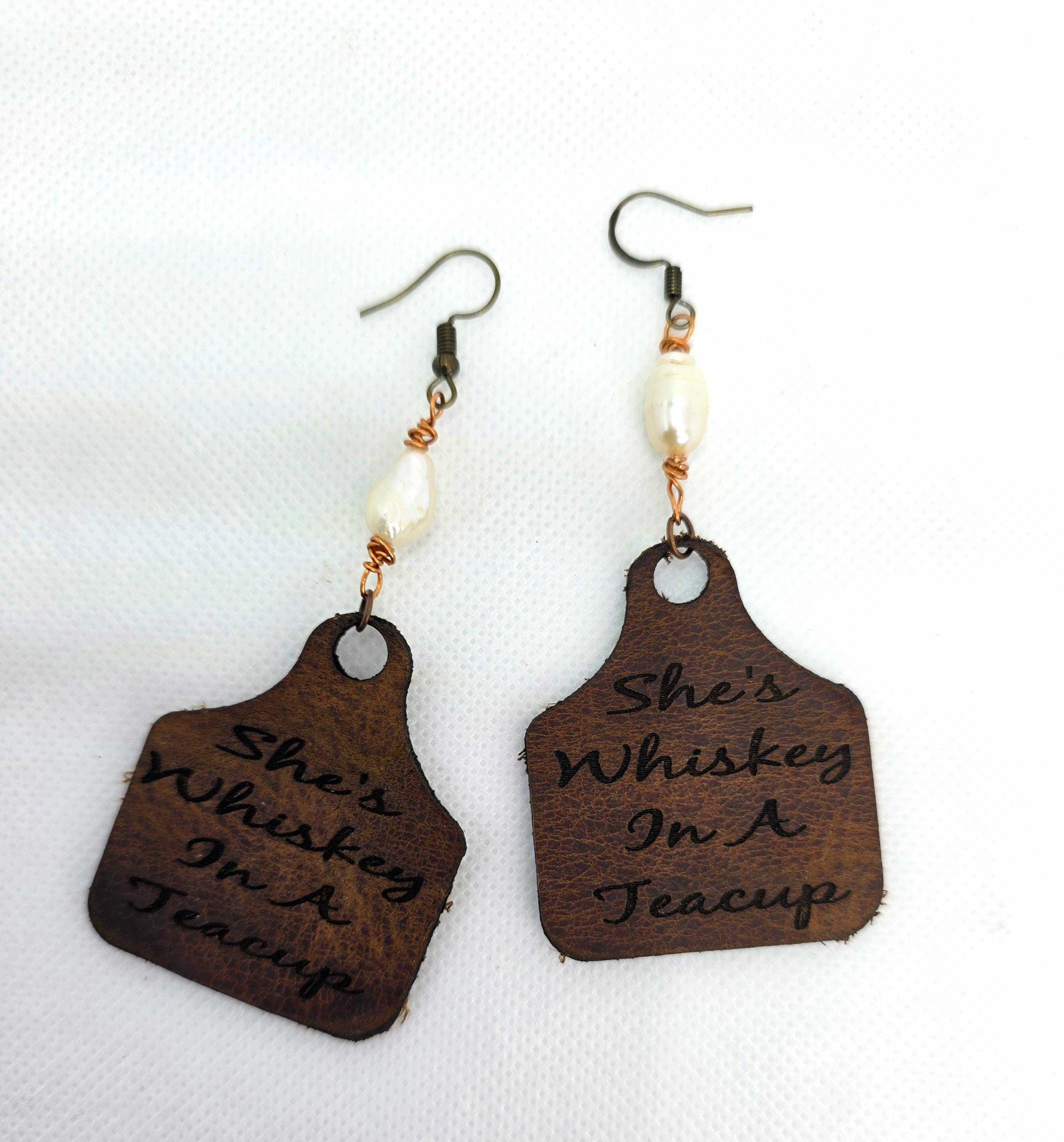 Handmade Leather Earrings: Copper Wire Wrapped Pearl, Western Boho