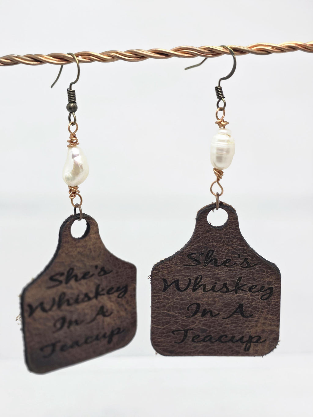 Handmade Leather Earrings: Copper Wire Wrapped Pearl, Western Boho