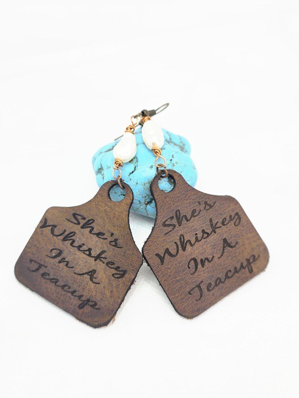 Handmade Leather Earrings: Copper Wire Wrapped Pearl, Western Boho