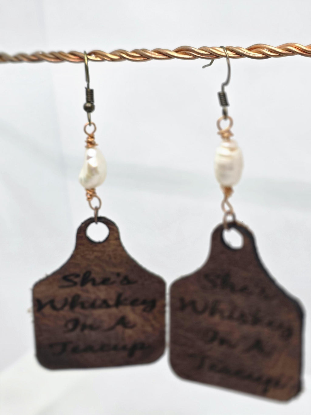 Handmade Leather Earrings: Copper Wire Wrapped Pearl, Western Boho