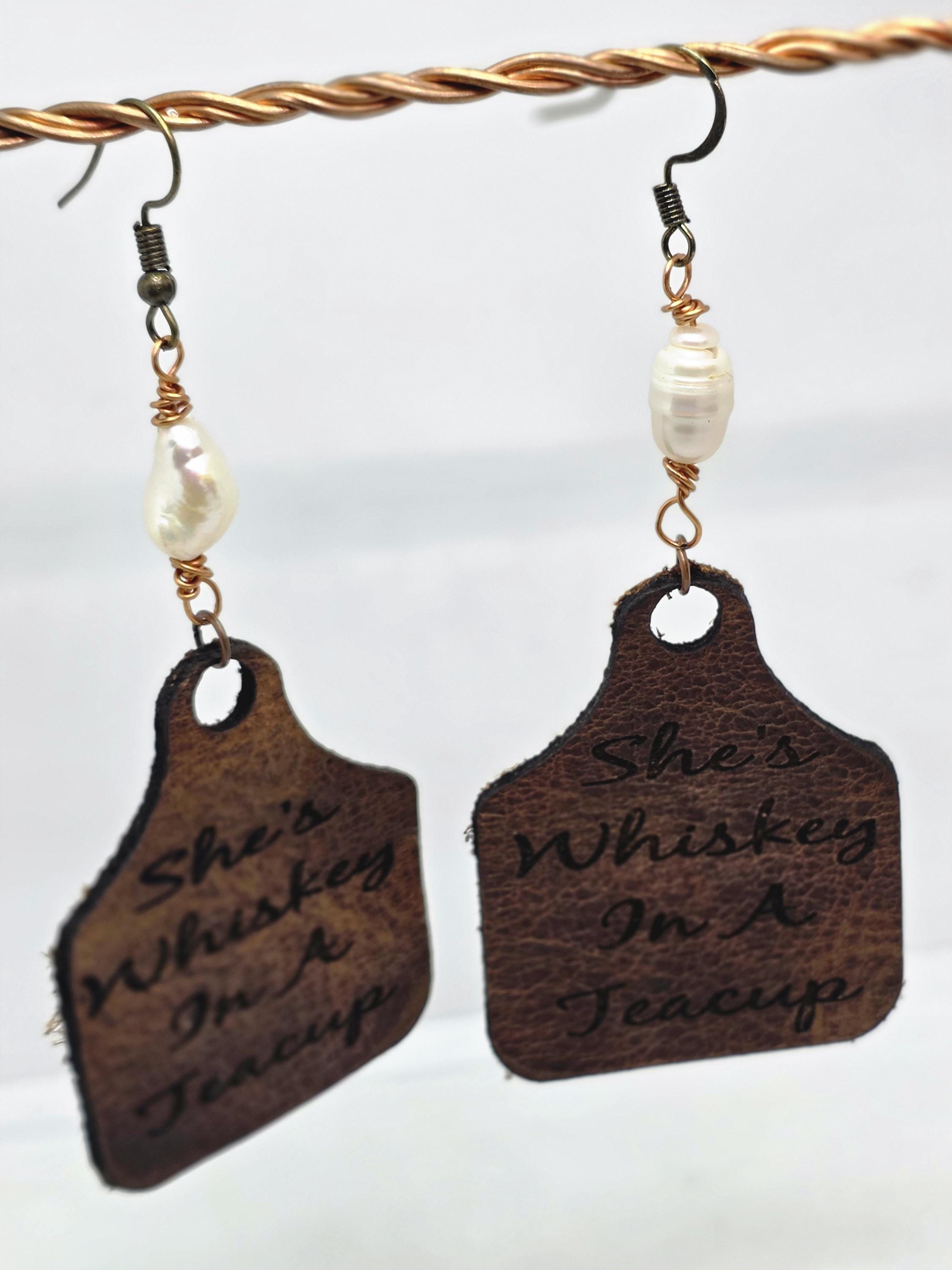 Handmade Leather Earrings: Copper Wire Wrapped Pearl, Western Boho