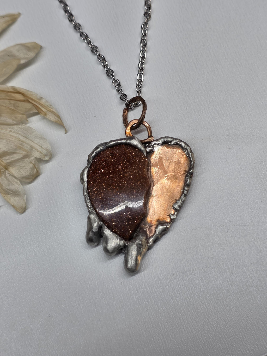 Handmade Copper & Goldstone Heart Necklace – Rustic Artisan Pendant