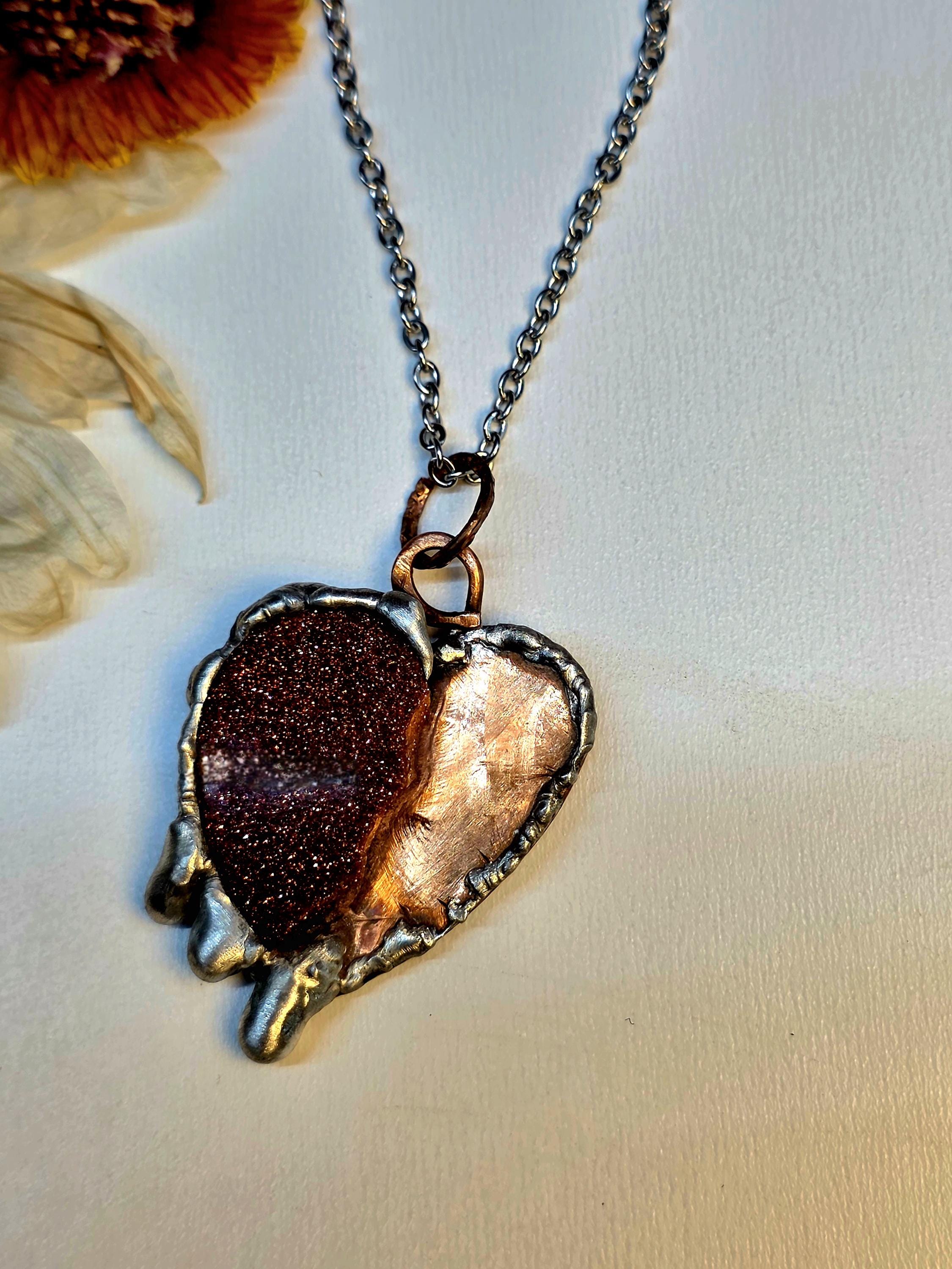 Handmade Copper & Goldstone Heart Necklace – Rustic Artisan Pendant