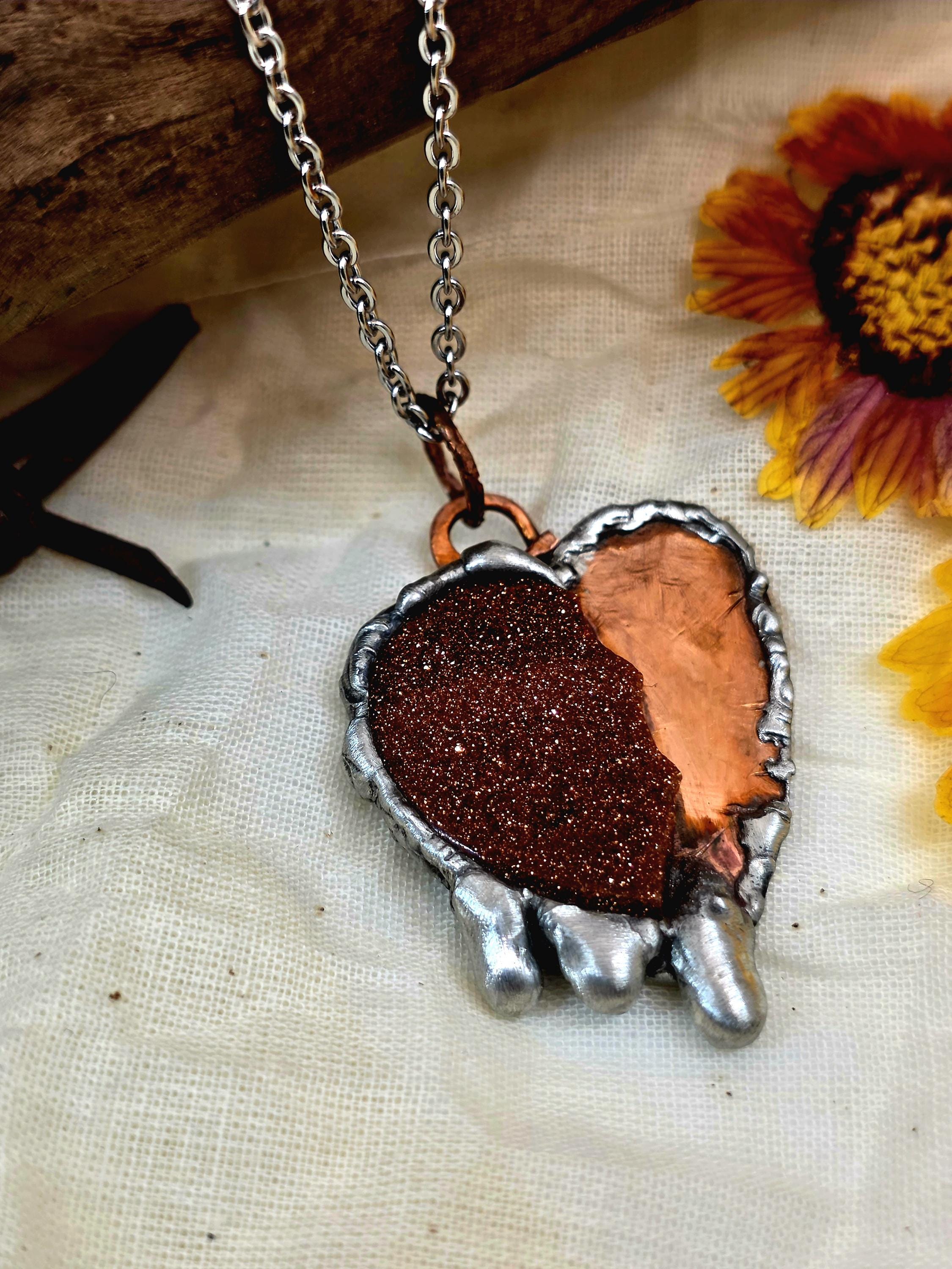 Handmade Copper & Goldstone Heart Necklace – Rustic Artisan Pendant