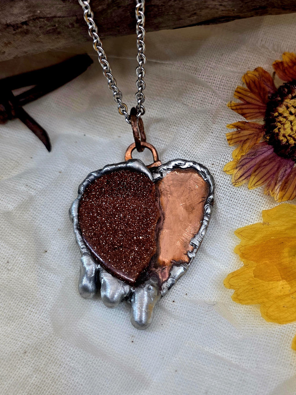 Handmade Copper & Goldstone Heart Necklace – Rustic Artisan Pendant