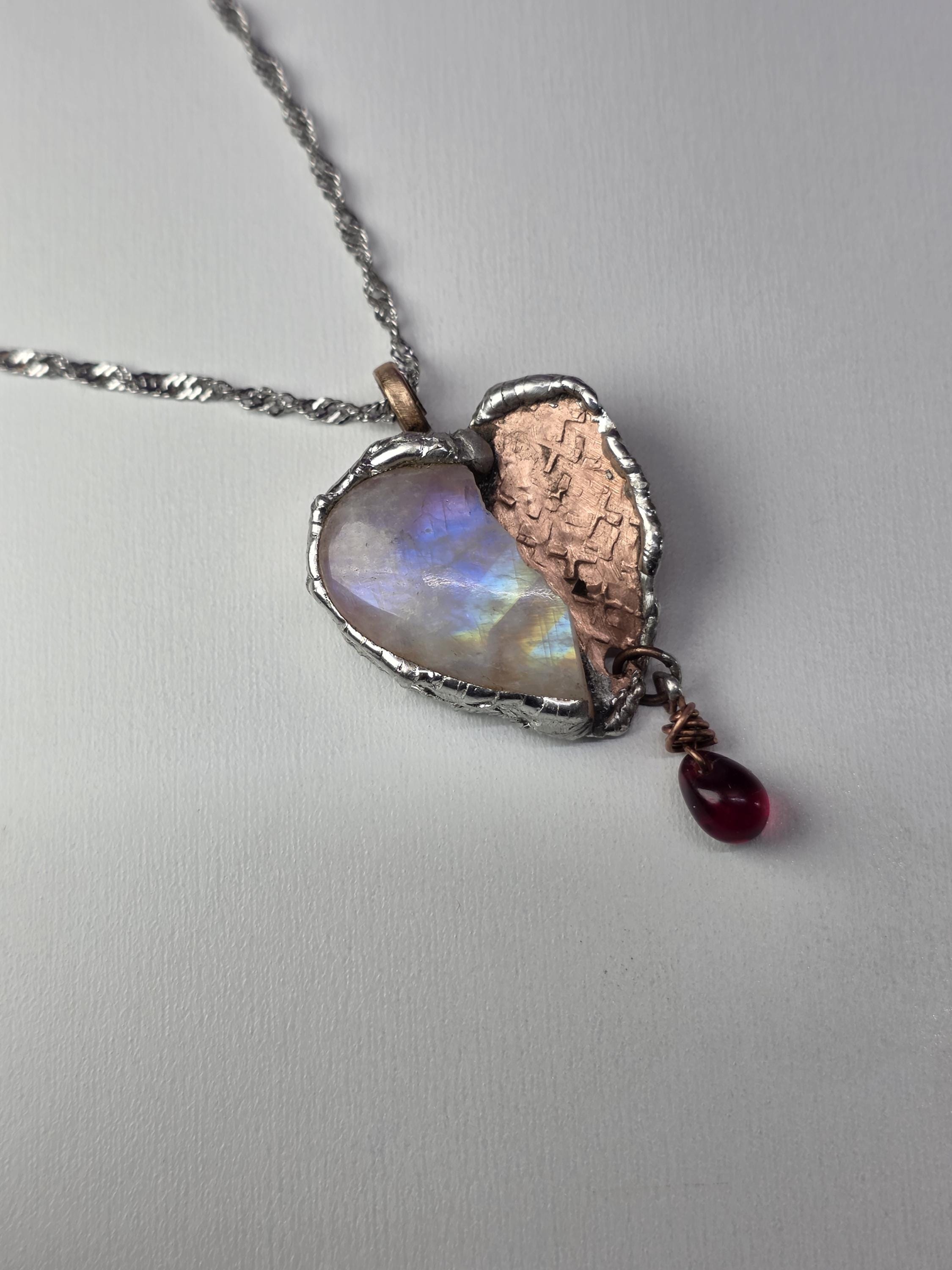 The Fractured Light Heart – Moonstone and Copper Pendant Necklace – Unbroken