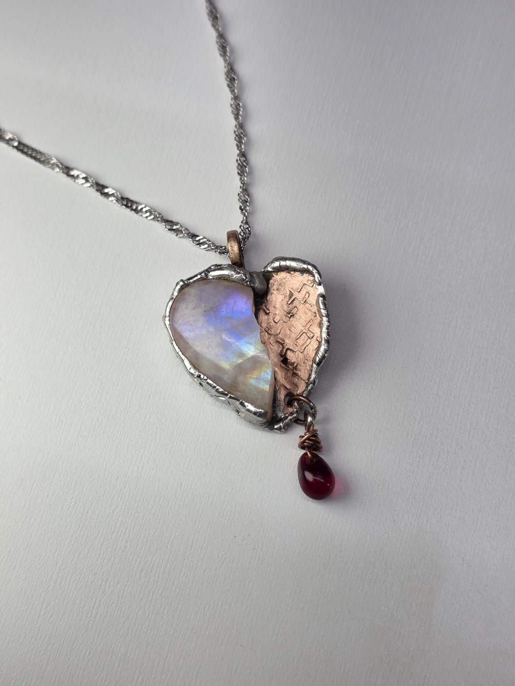 The Fractured Light Heart – Moonstone and Copper Pendant Necklace – Unbroken