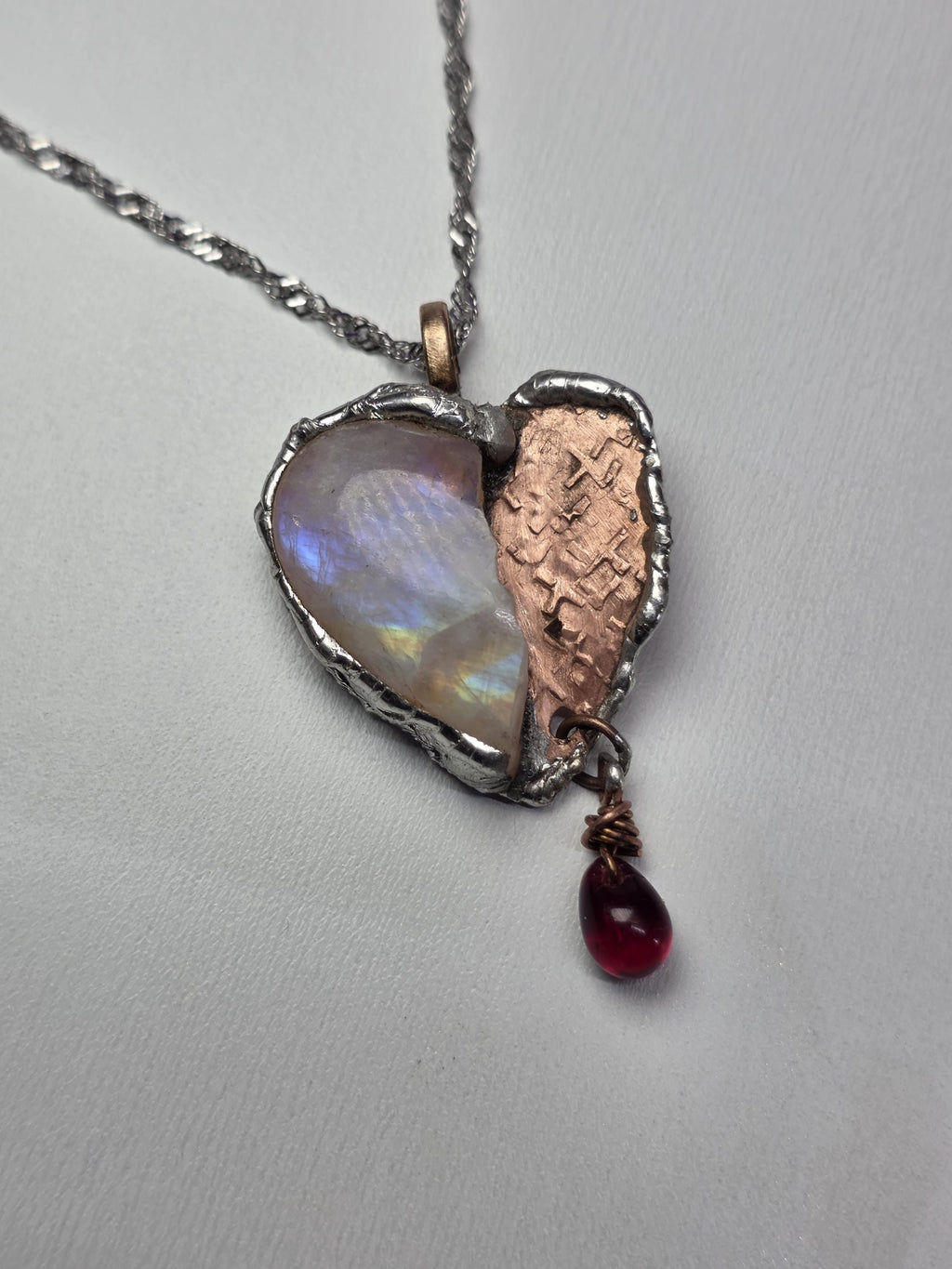 The Fractured Light Heart – Moonstone and Copper Pendant Necklace – Unbroken