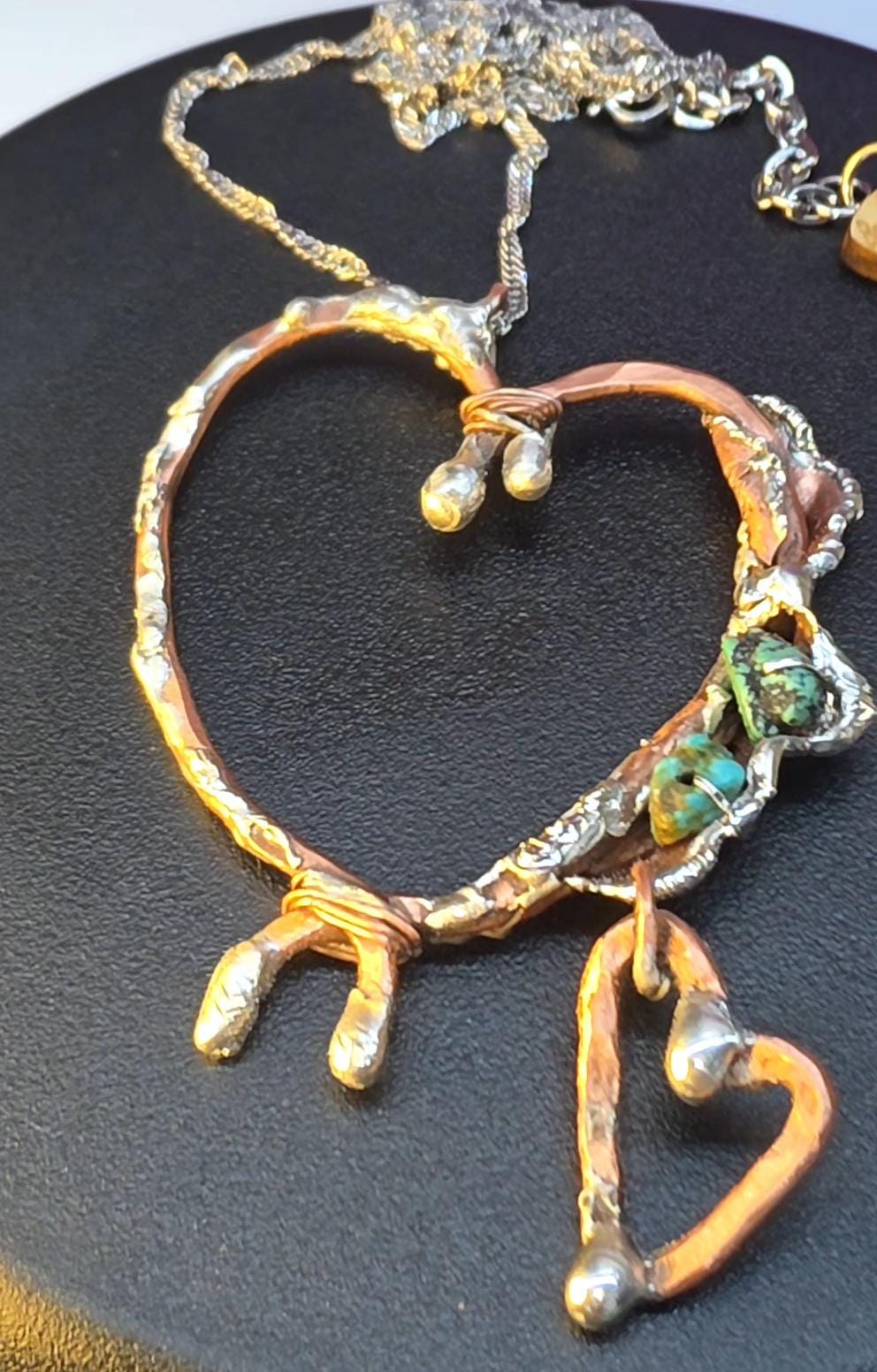 Still Connected – Forged Copper and Silver Heart Pendant with Turquoise | Unbroken Collection