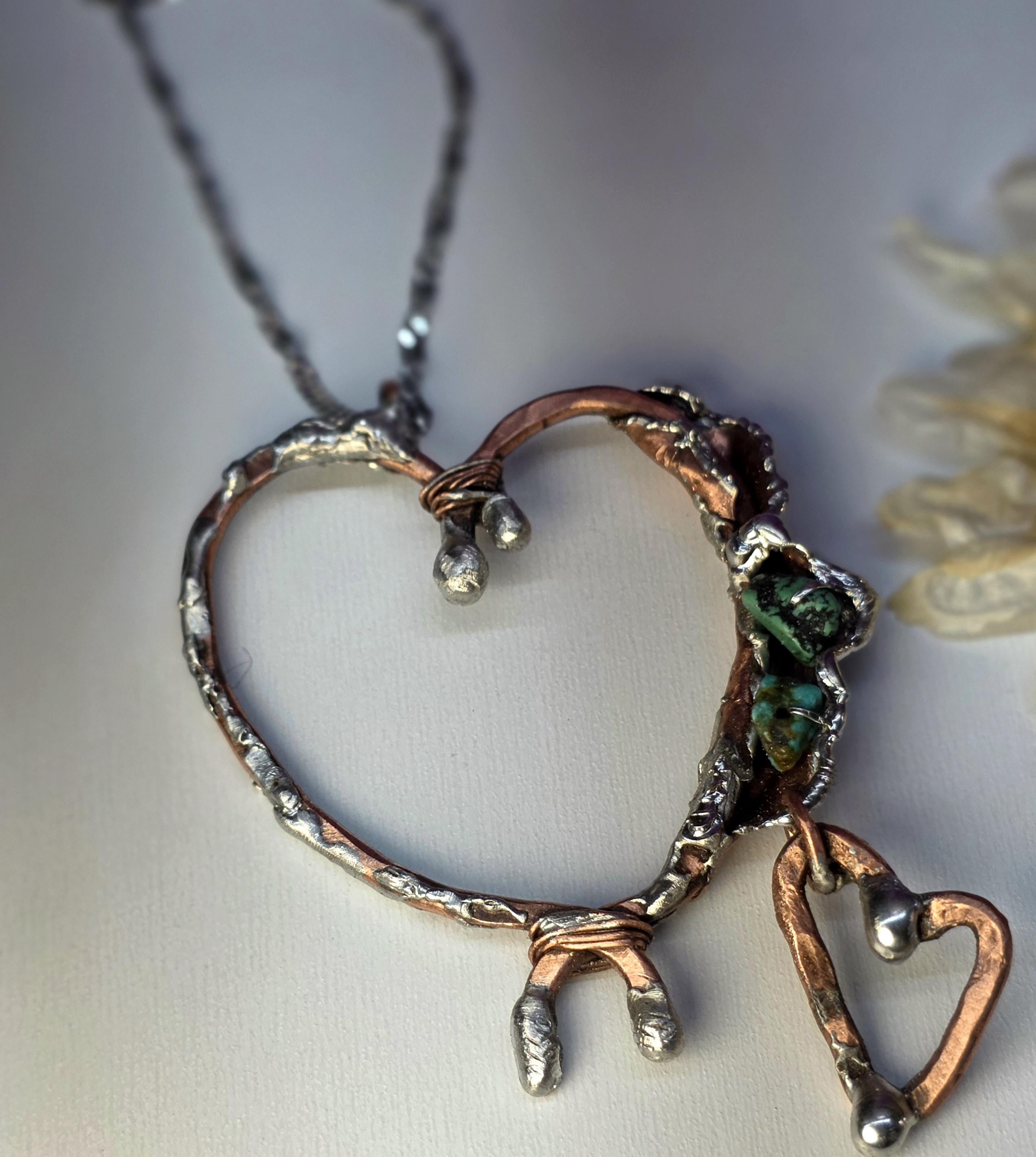 Still Connected – Forged Copper and Silver Heart Pendant with Turquoise | Unbroken Collection