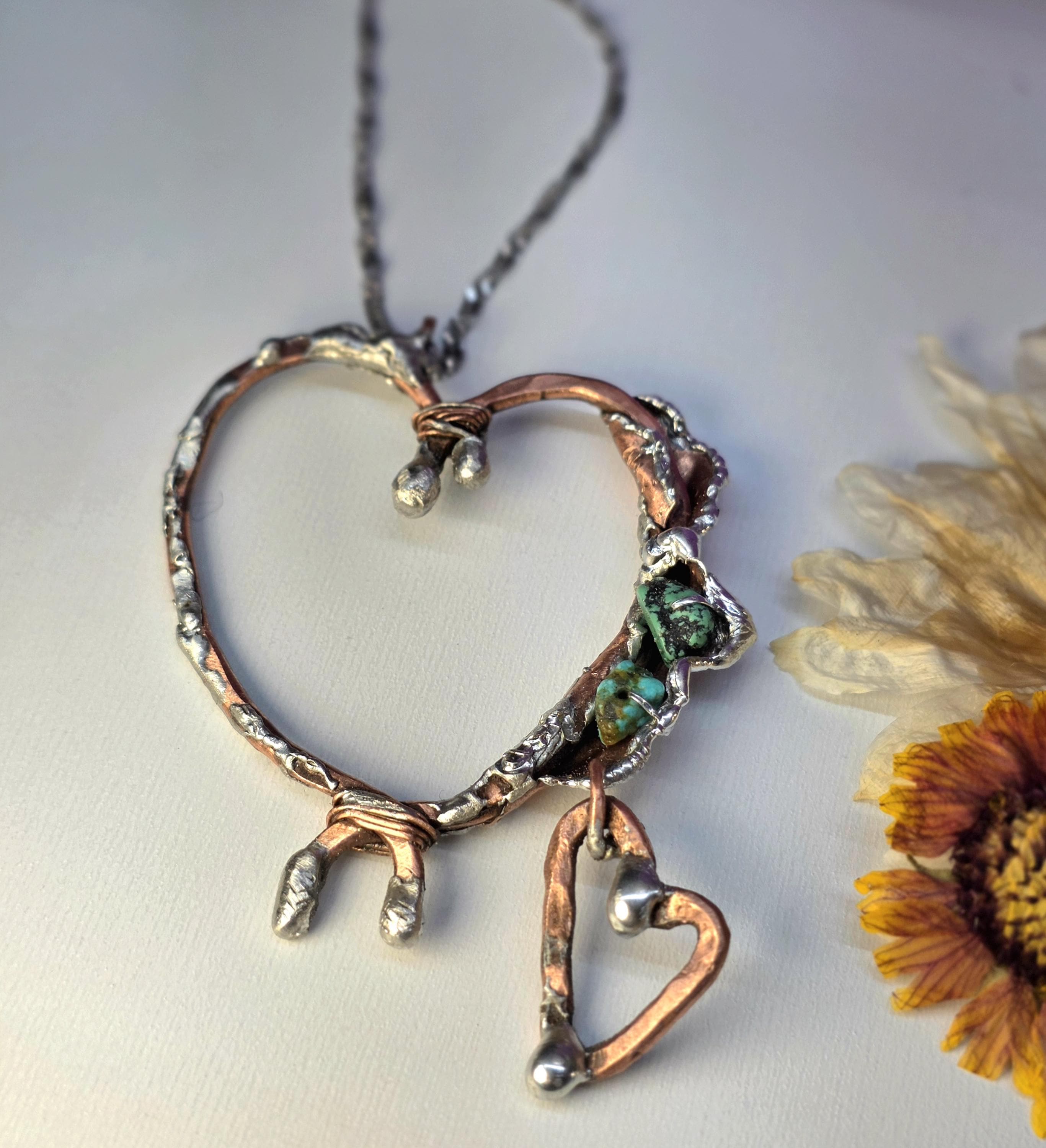 Still Connected – Forged Copper and Silver Heart Pendant with Turquoise | Unbroken Collection