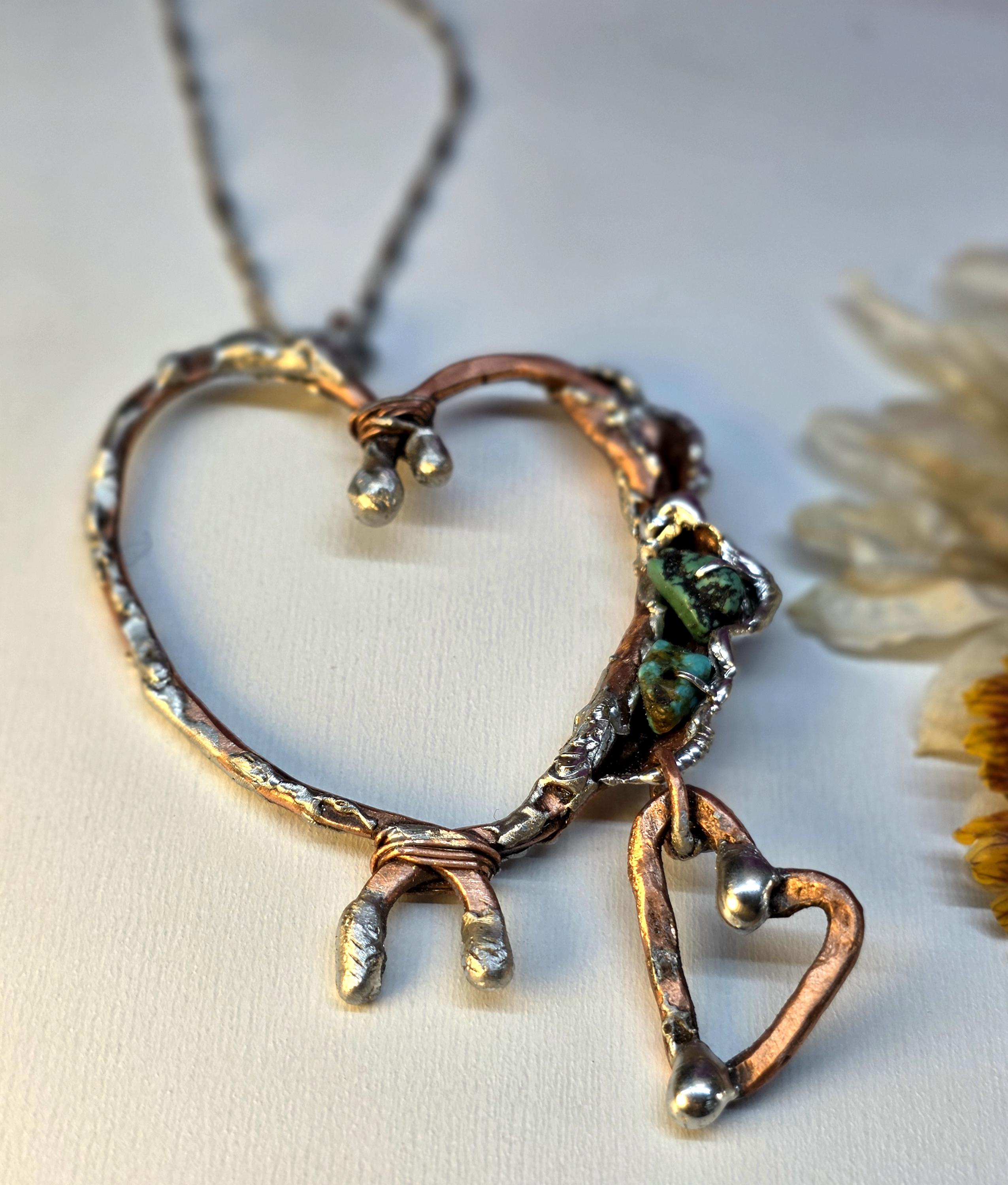 Still Connected – Forged Copper and Silver Heart Pendant with Turquoise | Unbroken Collection