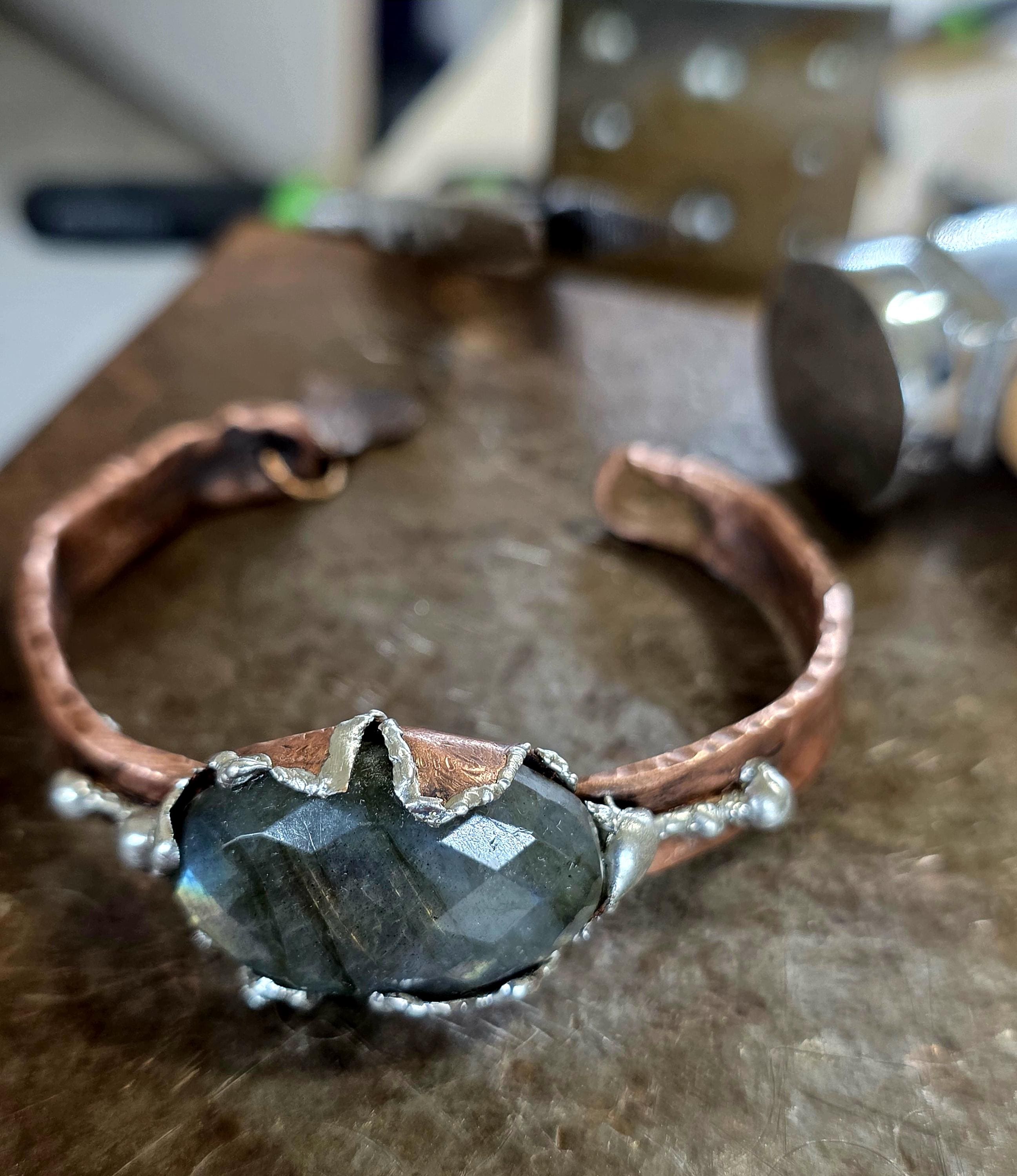 Torn | Hammered Soul Cuff Bracelet – Hand Forged Copper & Silver Solder with Labradorite Stone Rustic Artisan Jewelry – Unbroken Collection
