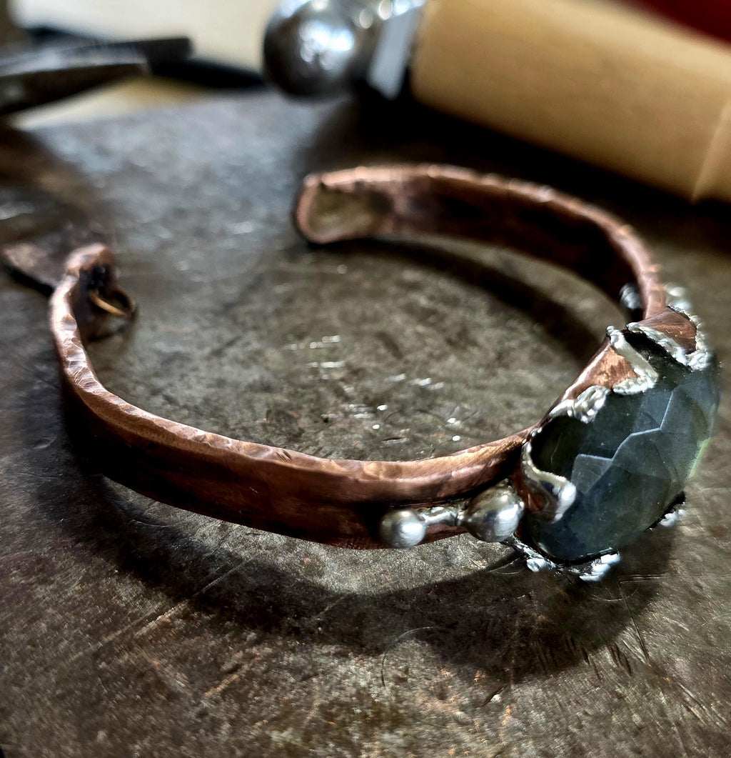 Torn | Hammered Soul Cuff Bracelet – Hand Forged Copper & Silver Solder with Labradorite Stone Rustic Artisan Jewelry – Unbroken Collection