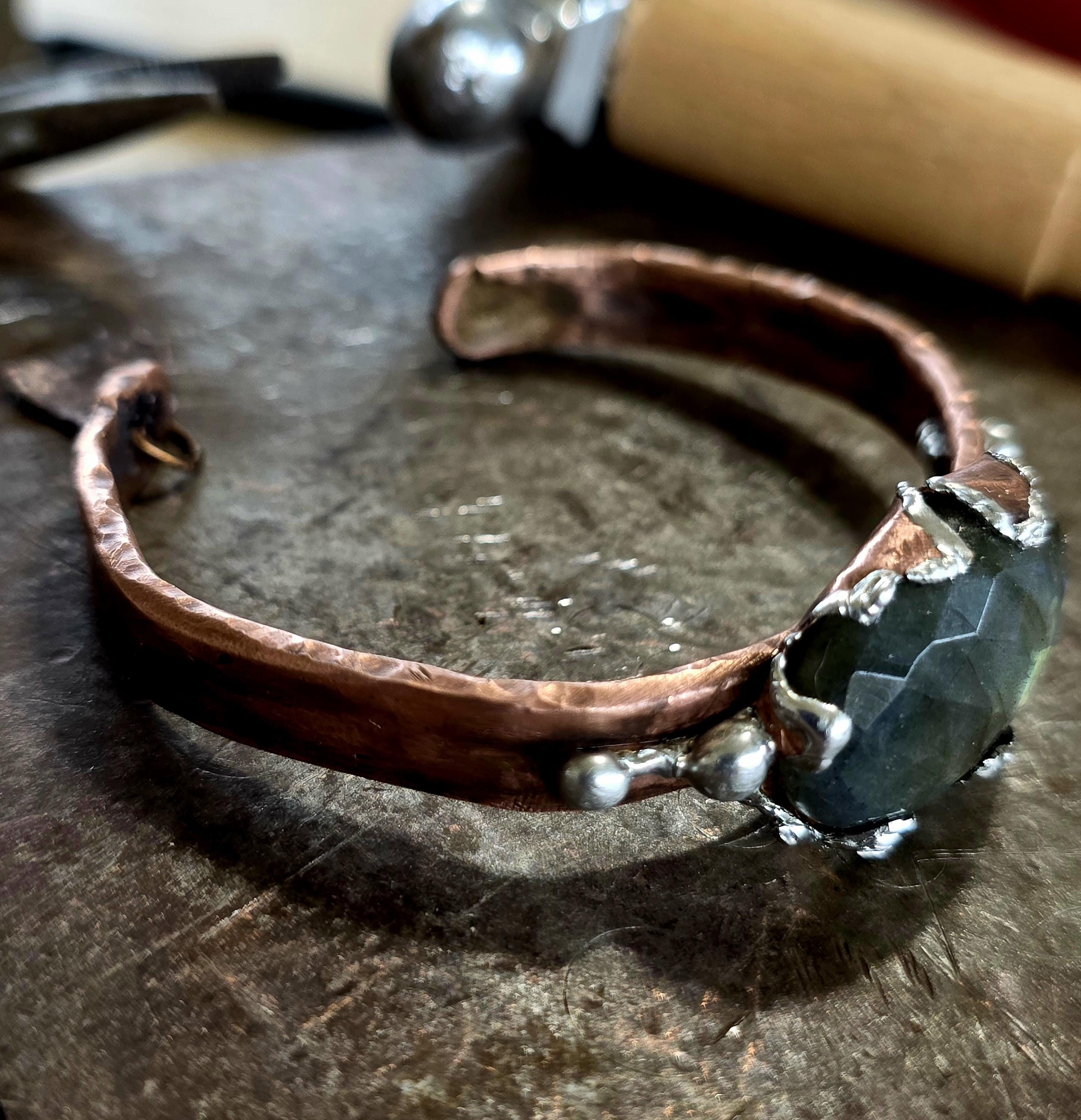 Torn | Hammered Soul Cuff Bracelet – Hand Forged Copper & Silver Solder with Labradorite Stone Rustic Artisan Jewelry – Unbroken Collection
