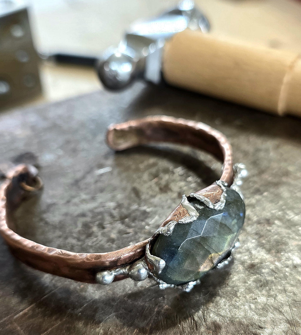 Torn | Hammered Soul Cuff Bracelet – Hand Forged Copper & Silver Solder with Labradorite Stone Rustic Artisan Jewelry – Unbroken Collection
