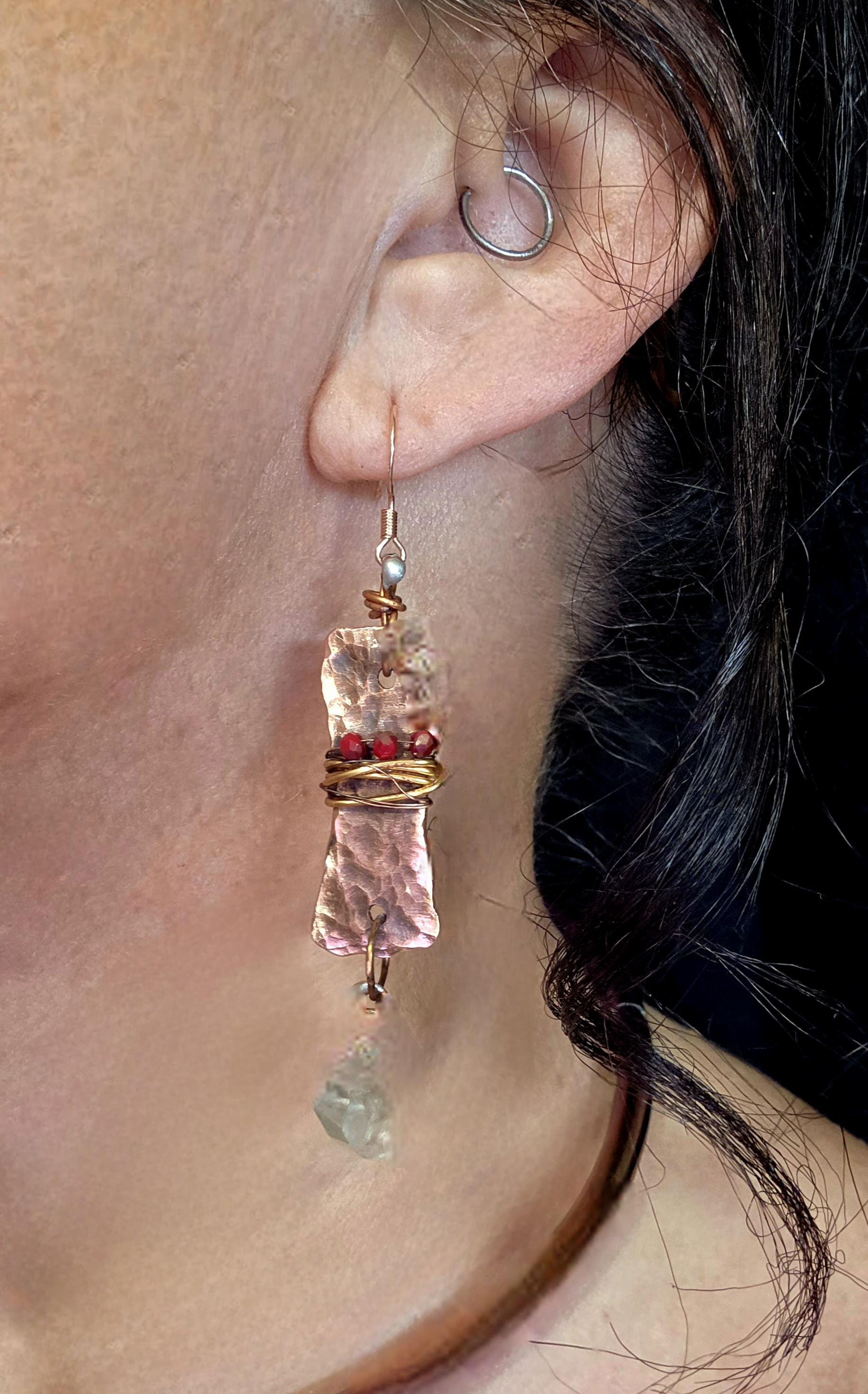 From Rust to Redemption Earrings | Hammered Copper & Prehnite Earrings with Red Accents | Rustic Boho Artisan Jewelry | Unbroken Collection