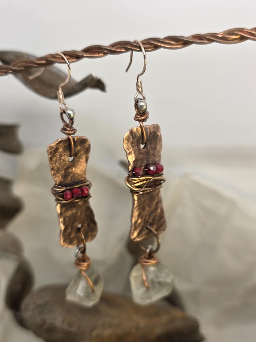 From Rust to Redemption Earrings | Hammered Copper & Prehnite Earrings with Red Accents | Rustic Boho Artisan Jewelry | Unbroken Collection