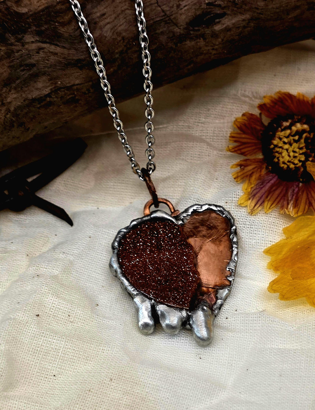 Handmade Copper & Goldstone Heart Necklace – Rustic Artisan Pendant