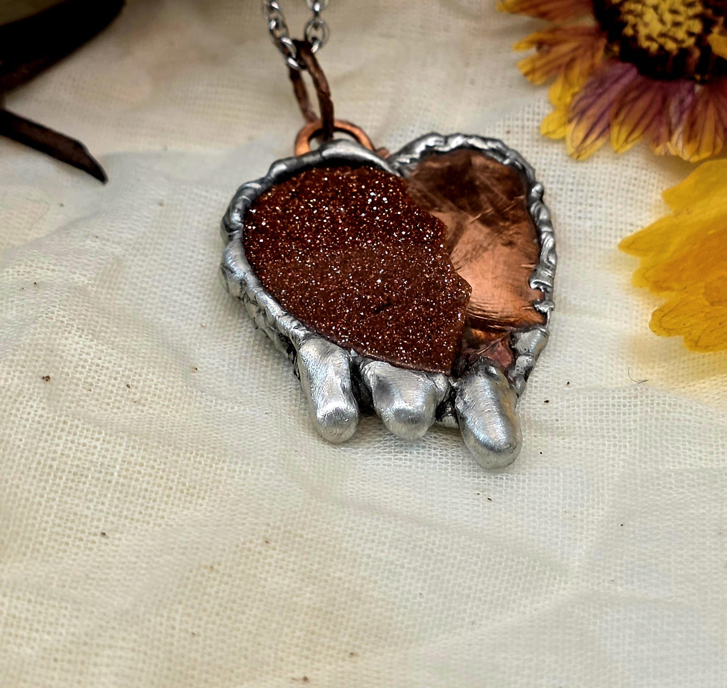 Handmade Copper & Goldstone Heart Necklace – Rustic Artisan Pendant