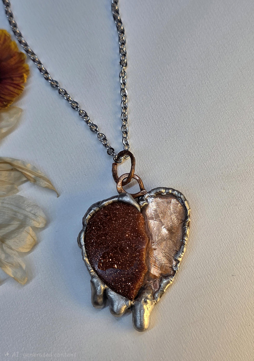 Handmade Copper & Goldstone Heart Necklace – Rustic Artisan Pendant
