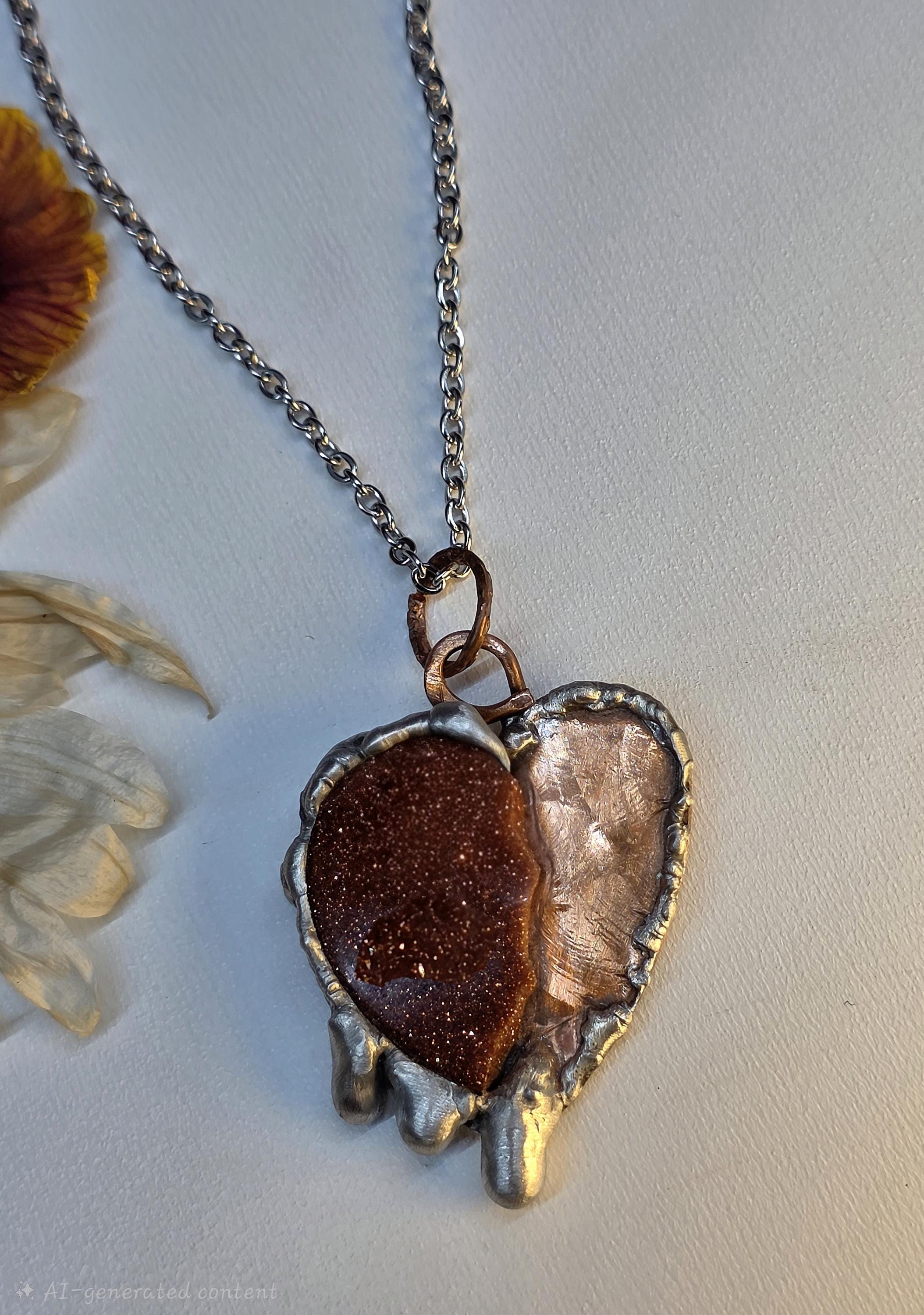 Handmade Copper & Goldstone Heart Necklace – Rustic Artisan Pendant
