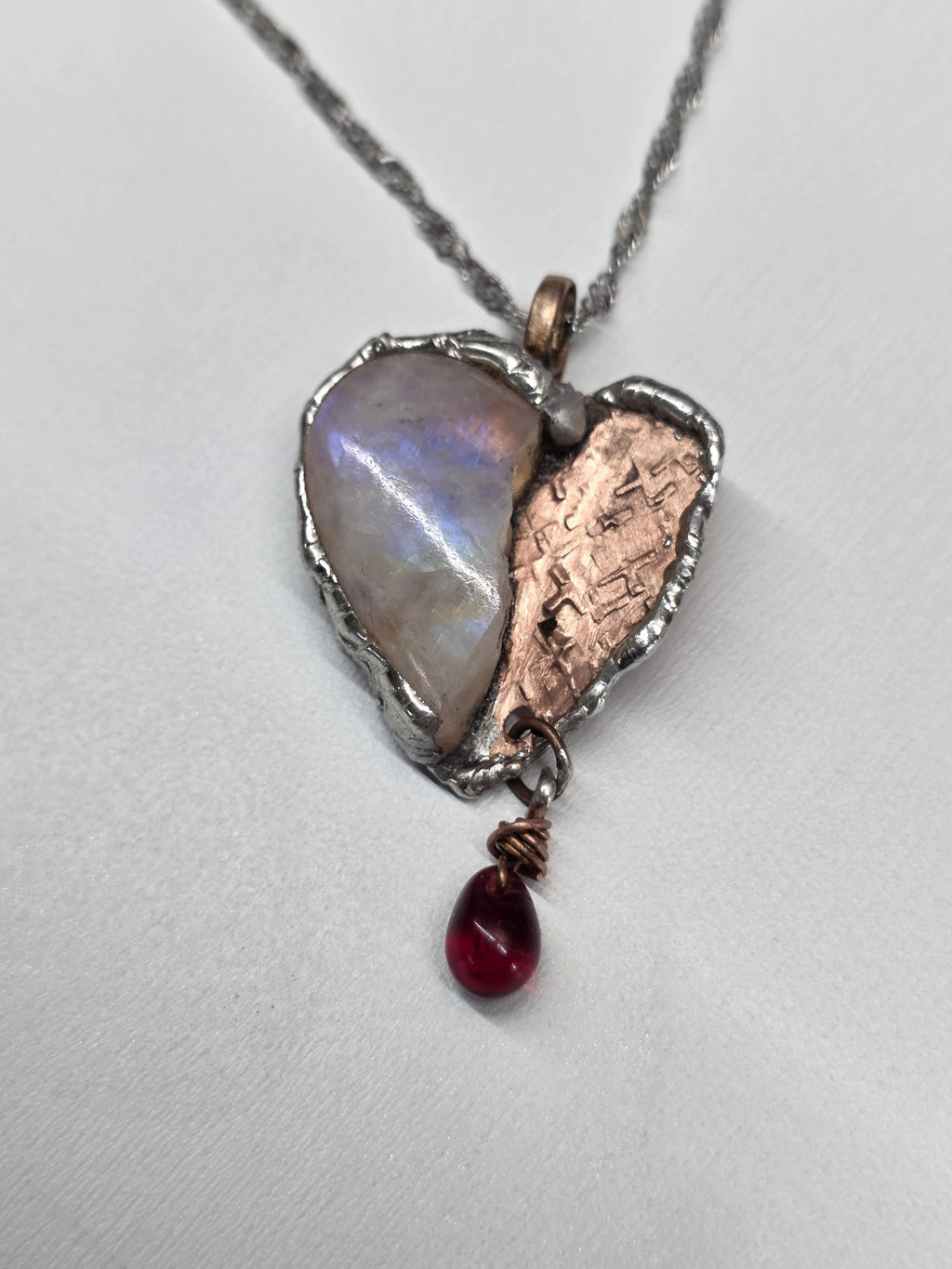 The Fractured Light Heart – Moonstone and Copper Pendant Necklace – Unbroken