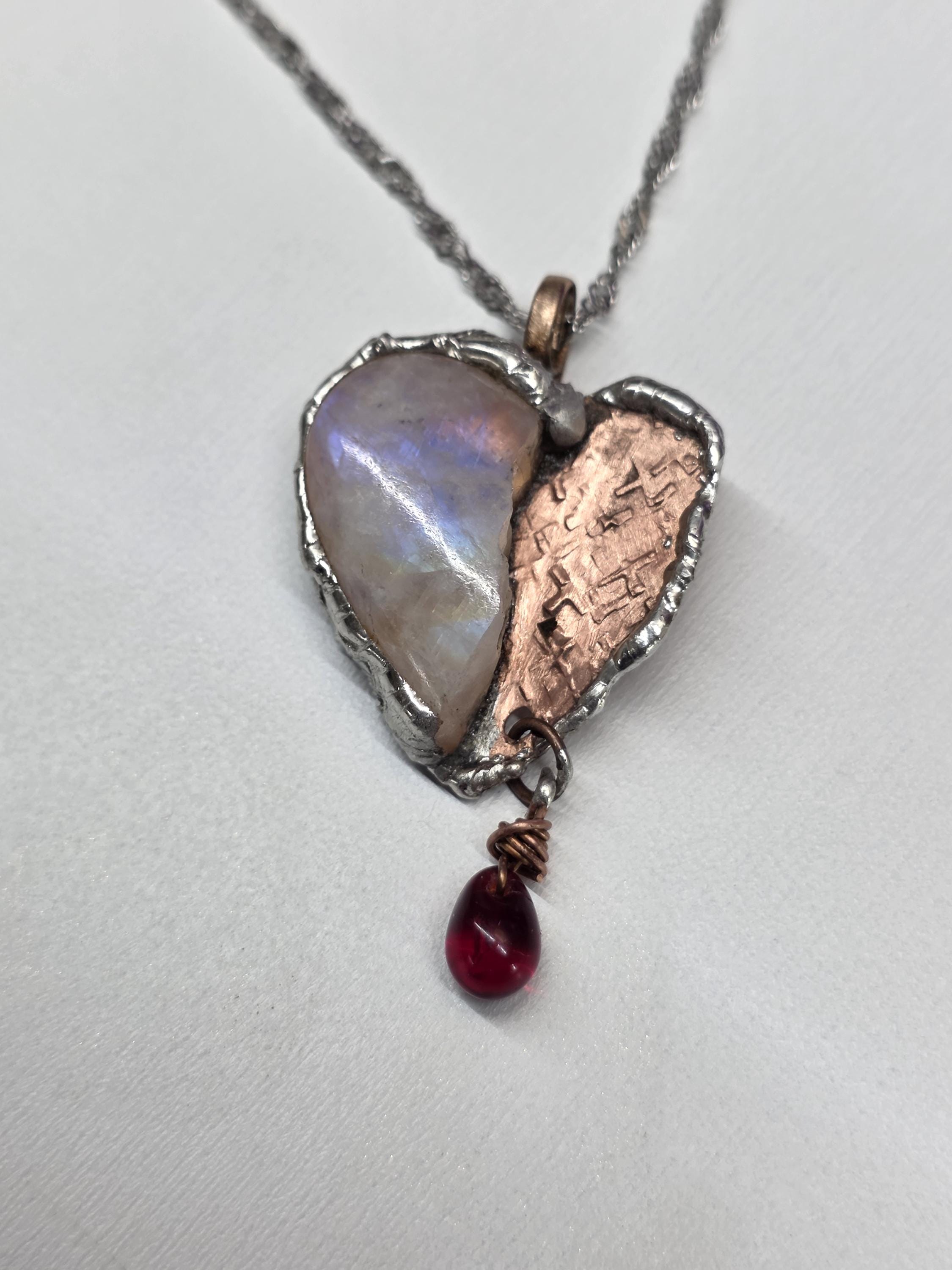 The Fractured Light Heart – Moonstone and Copper Pendant Necklace – Unbroken