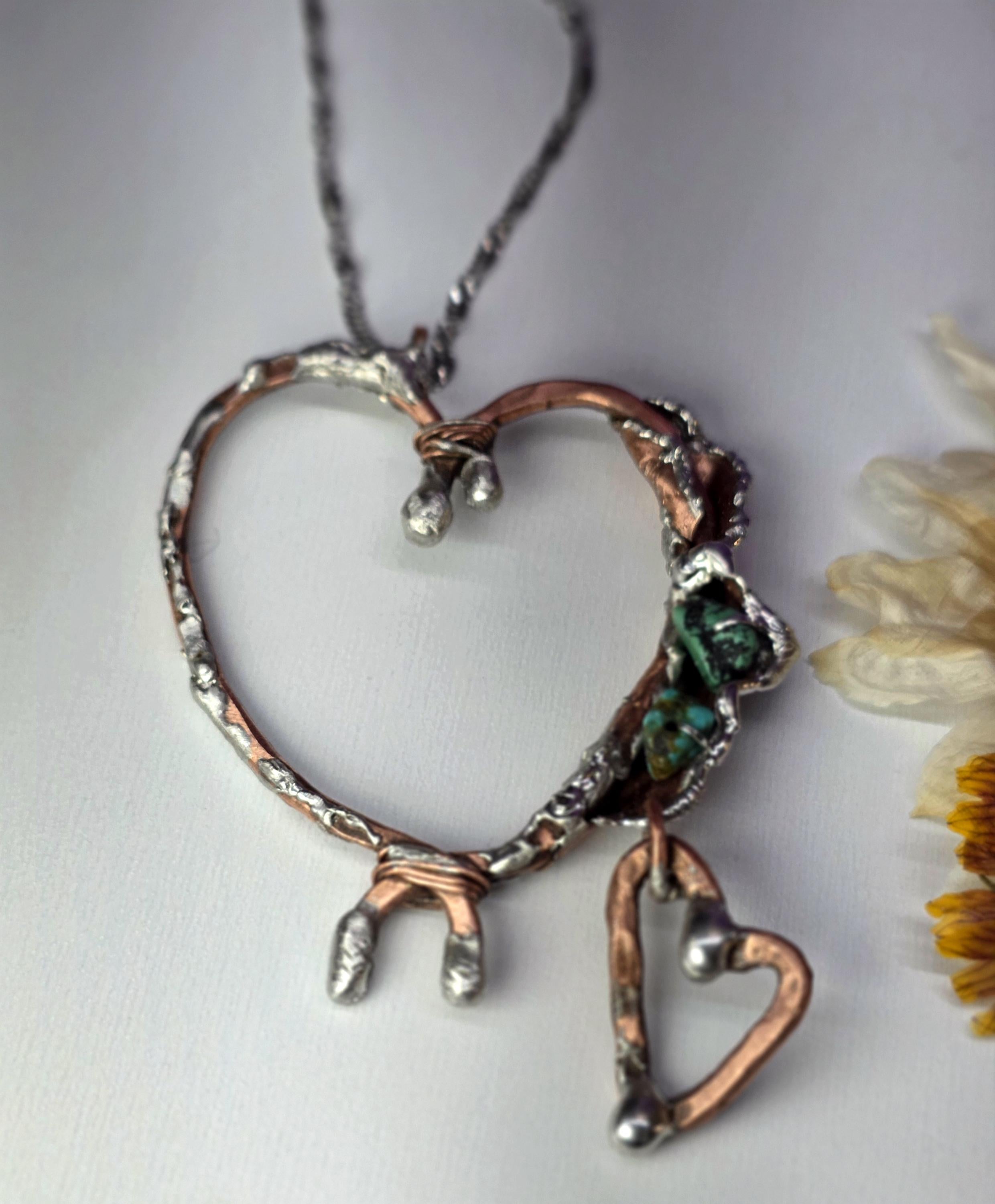 Still Connected – Forged Copper and Silver Heart Pendant with Turquoise | Unbroken Collection