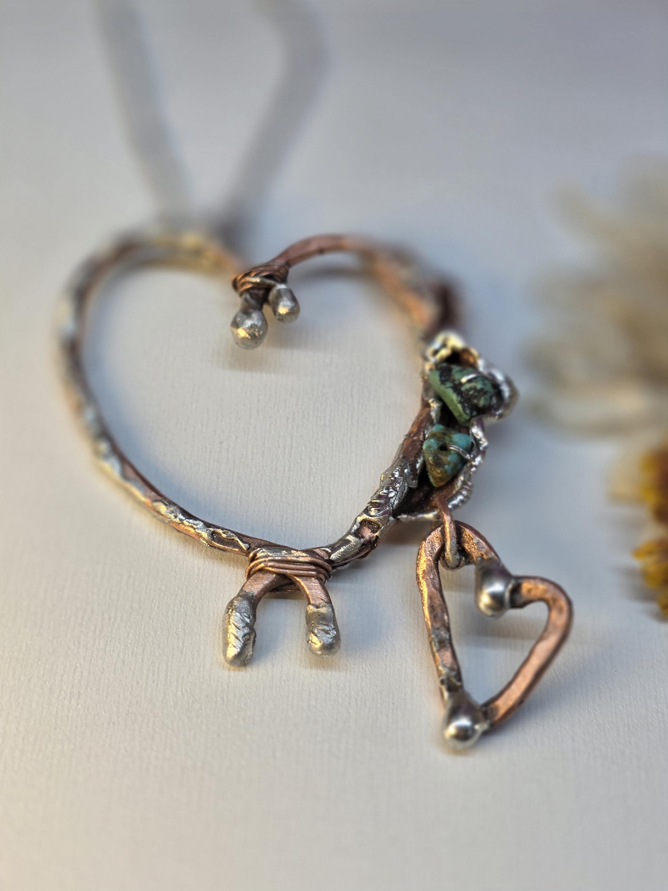 Still Connected – Forged Copper and Silver Heart Pendant with Turquoise | Unbroken Collection