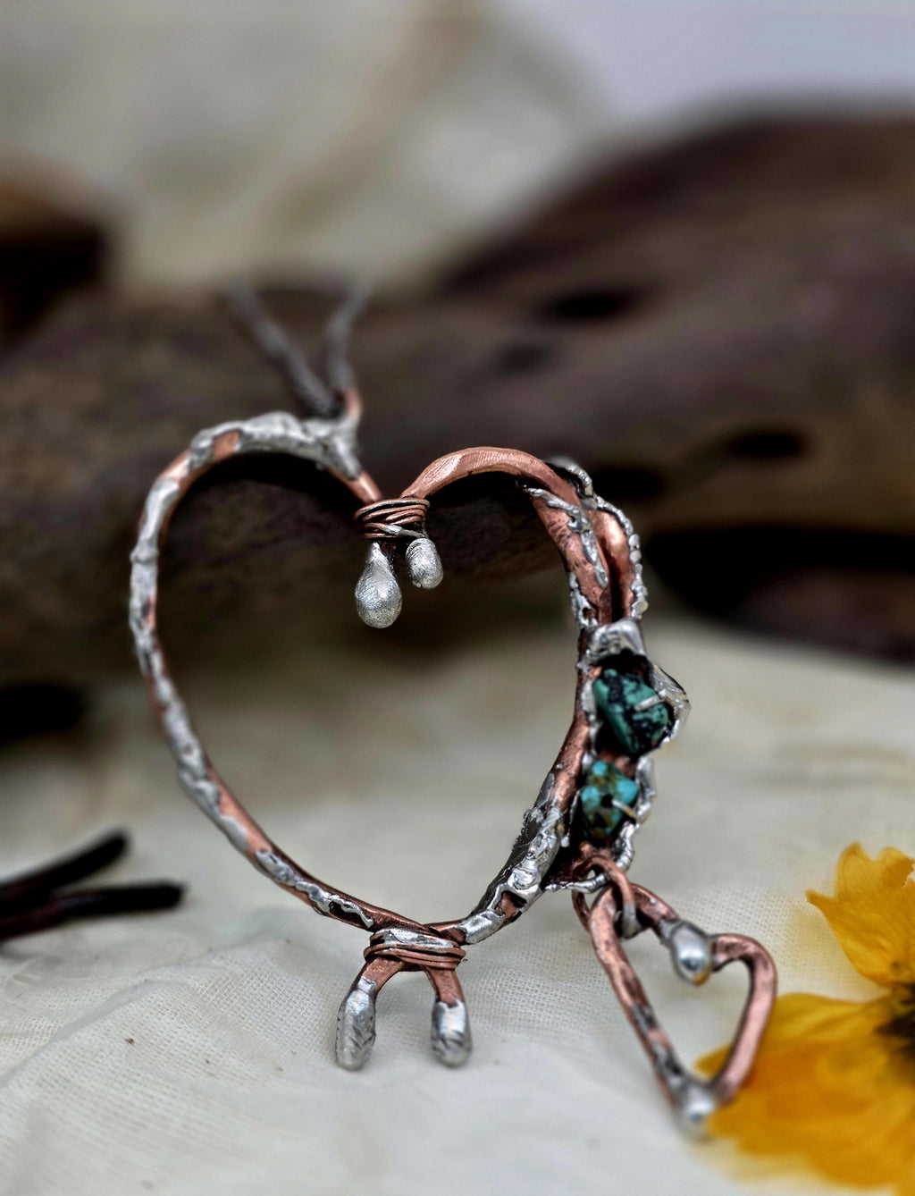 Still Connected – Forged Copper and Silver Heart Pendant with Turquoise | Unbroken Collection