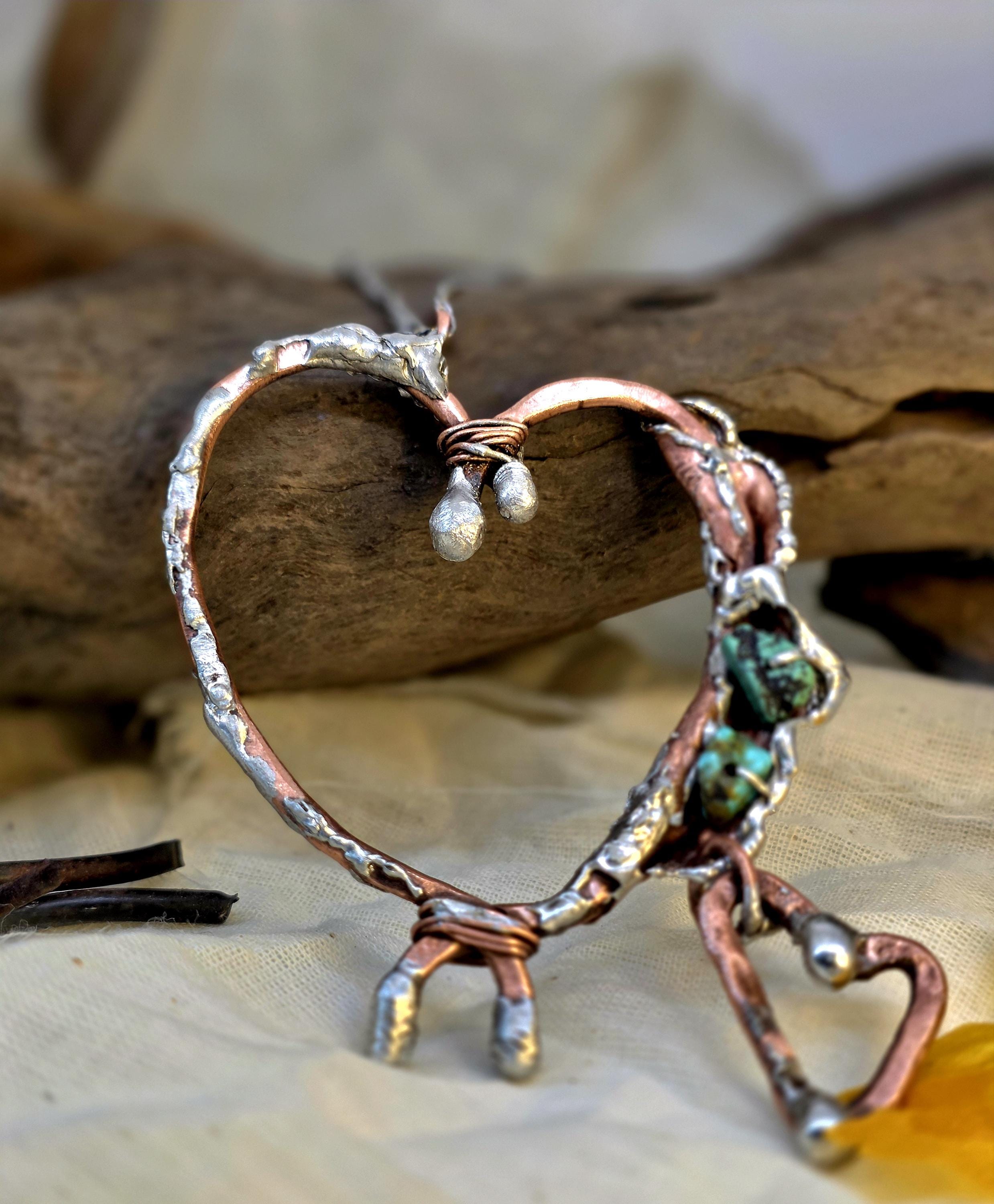 Still Connected – Forged Copper and Silver Heart Pendant with Turquoise | Unbroken Collection