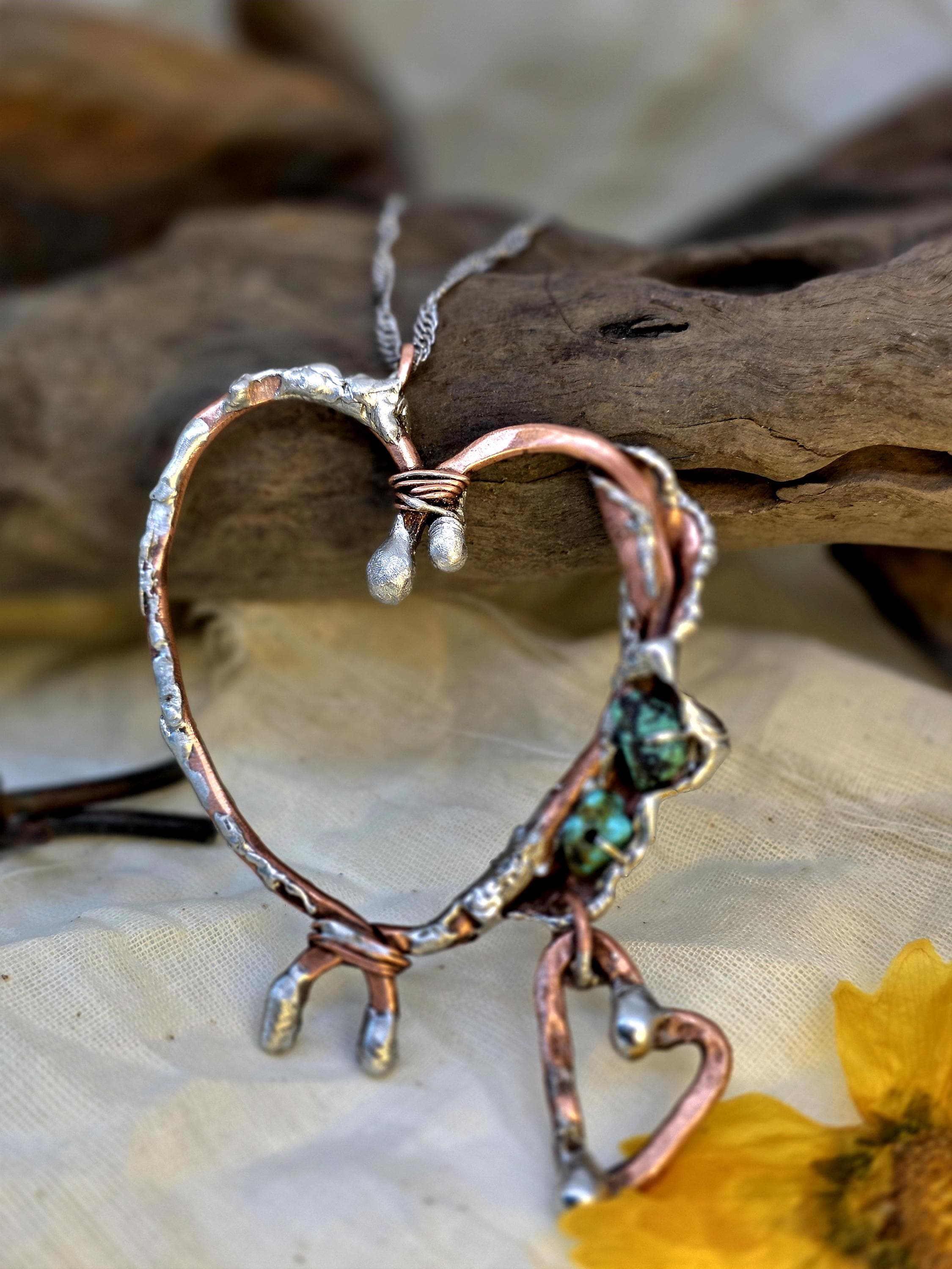 Still Connected – Forged Copper and Silver Heart Pendant with Turquoise | Unbroken Collection
