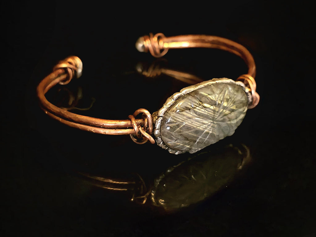 Carved Courage Cuff – Handcrafted Copper Bracelet with Carved Stone Centerpiece, Rustic Boho Cuff, Metalwork Jewelry-Unbroken Collection