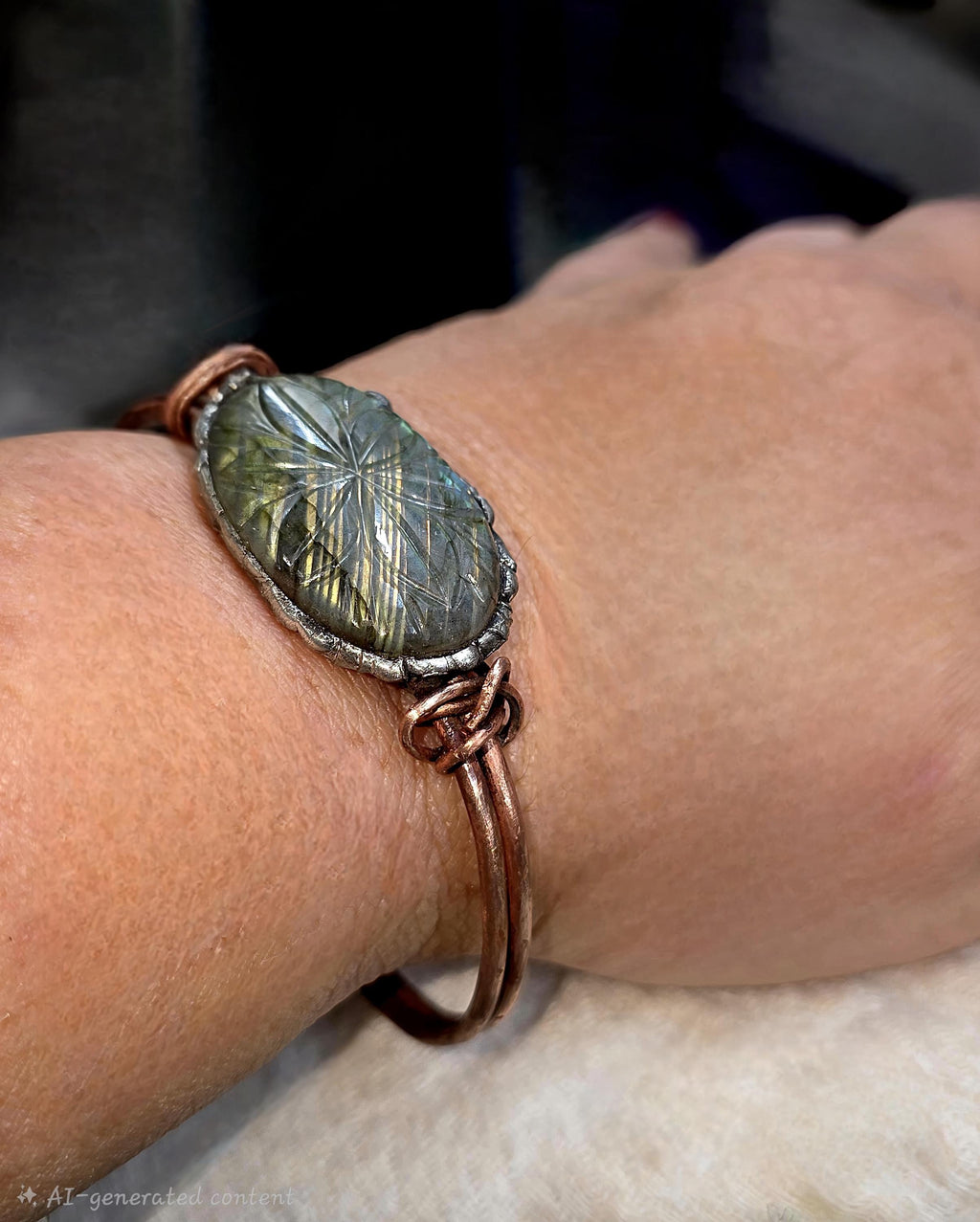Carved Courage Cuff – Handcrafted Copper Bracelet with Carved Stone Centerpiece, Rustic Boho Cuff, Metalwork Jewelry-Unbroken Collection