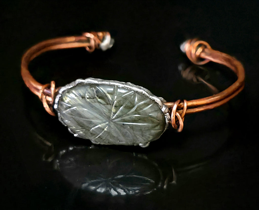Carved Courage Cuff – Handcrafted Copper Bracelet with Carved Stone Centerpiece, Rustic Boho Cuff, Metalwork Jewelry-Unbroken Collection