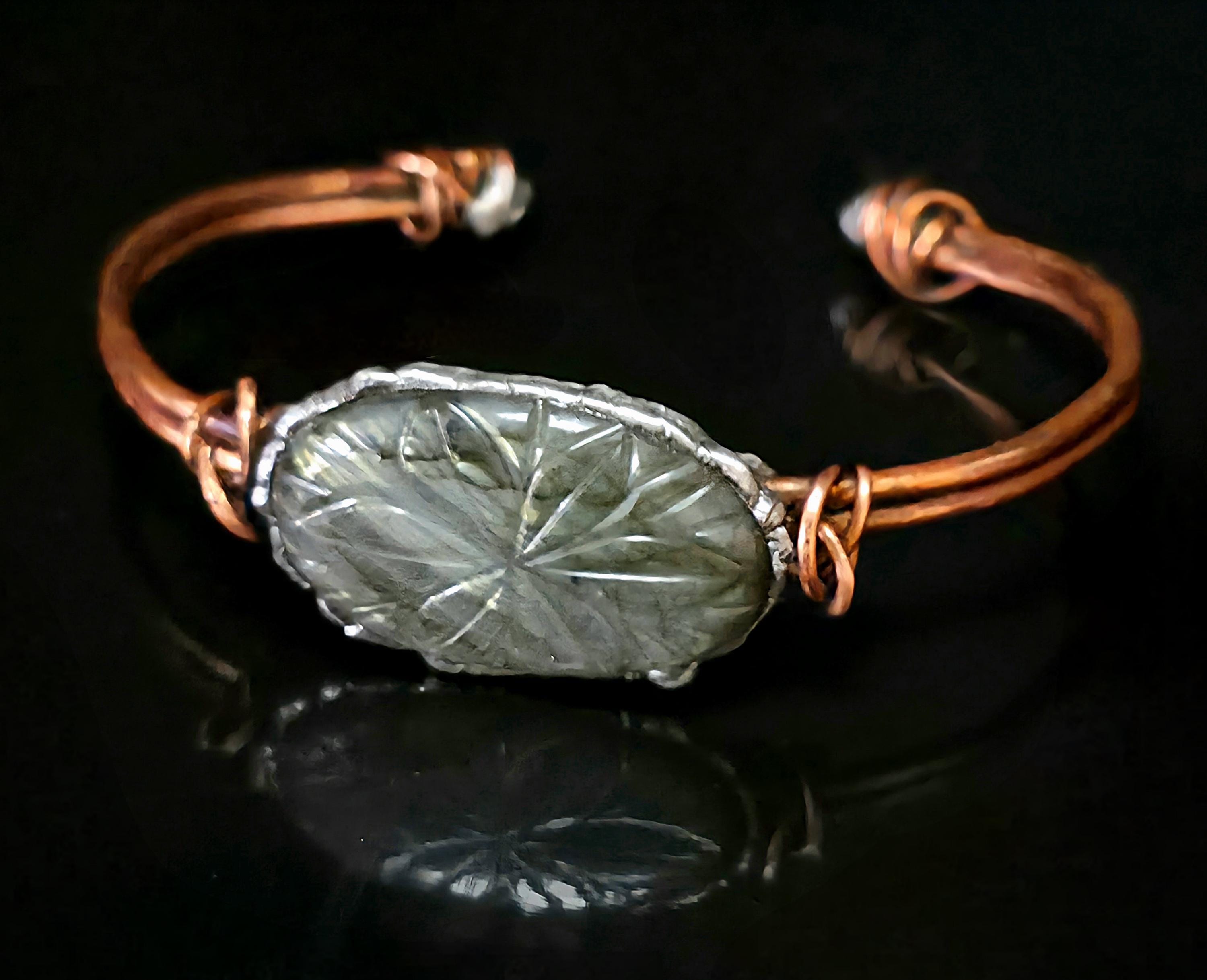 Carved Courage Cuff – Handcrafted Copper Bracelet with Carved Stone Centerpiece, Rustic Boho Cuff, Metalwork Jewelry-Unbroken Collection
