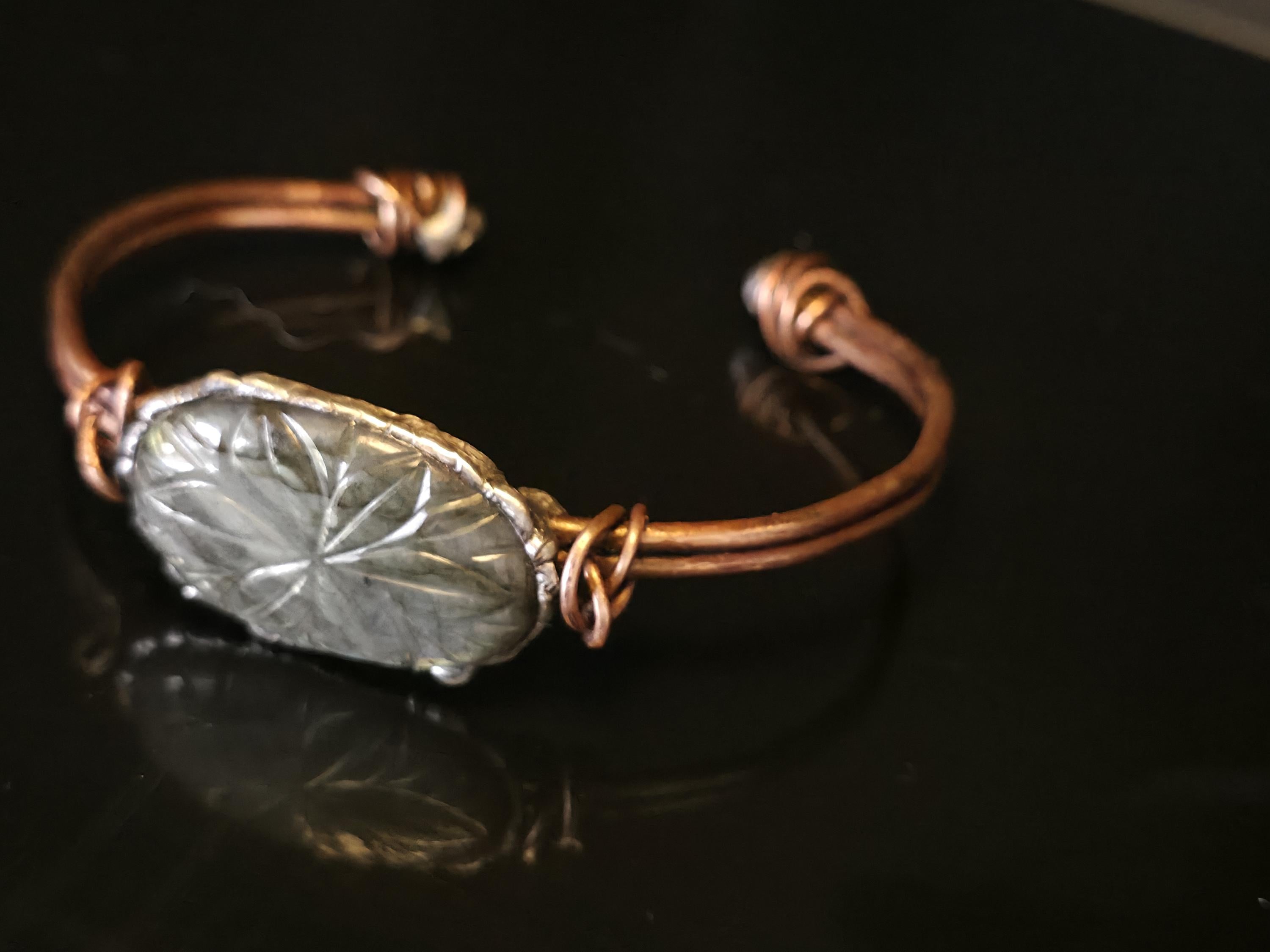 Carved Courage Cuff – Handcrafted Copper Bracelet with Carved Stone Centerpiece, Rustic Boho Cuff, Metalwork Jewelry-Unbroken Collection