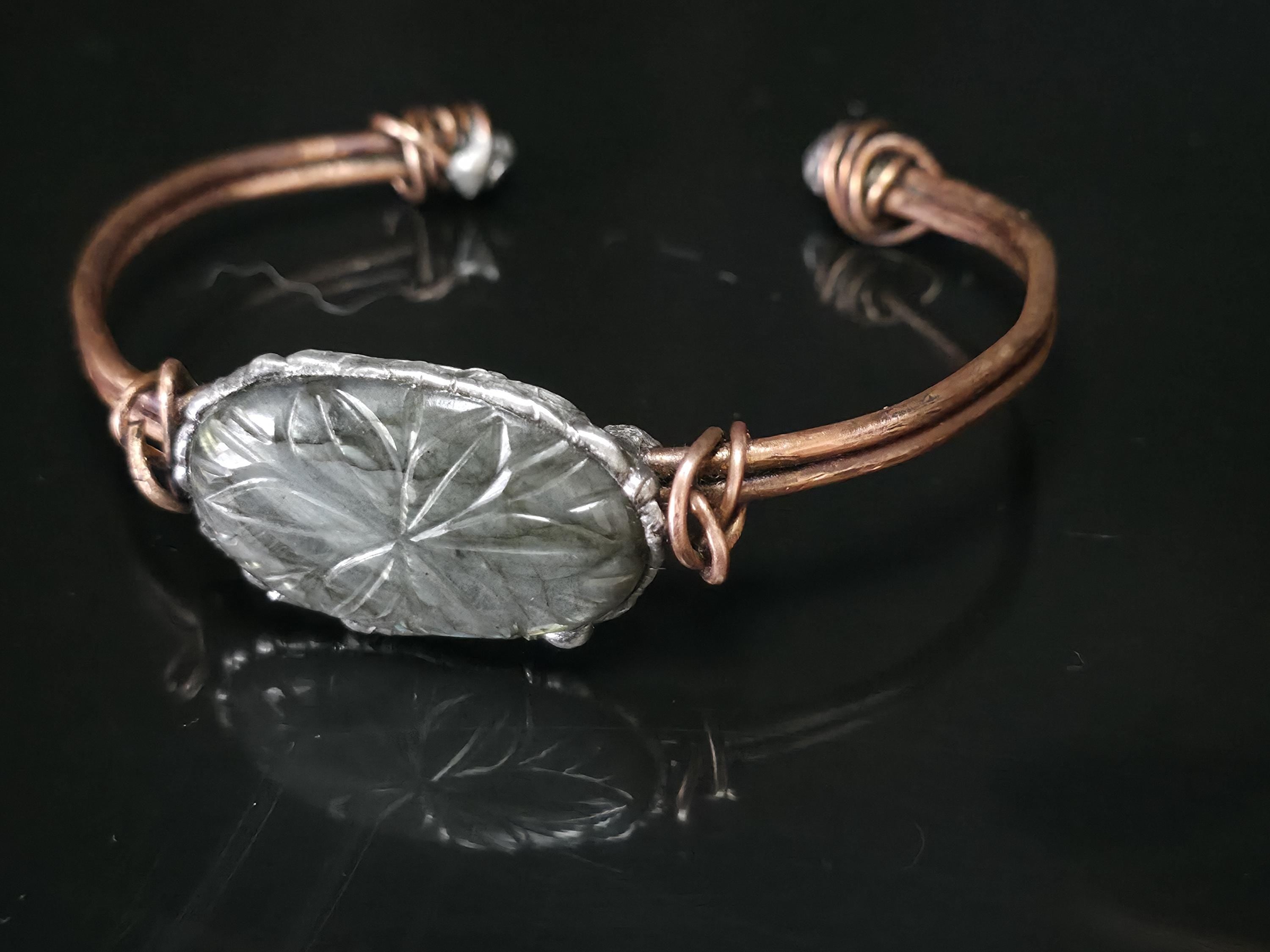 Carved Courage Cuff – Handcrafted Copper Bracelet with Carved Stone Centerpiece, Rustic Boho Cuff, Metalwork Jewelry-Unbroken Collection