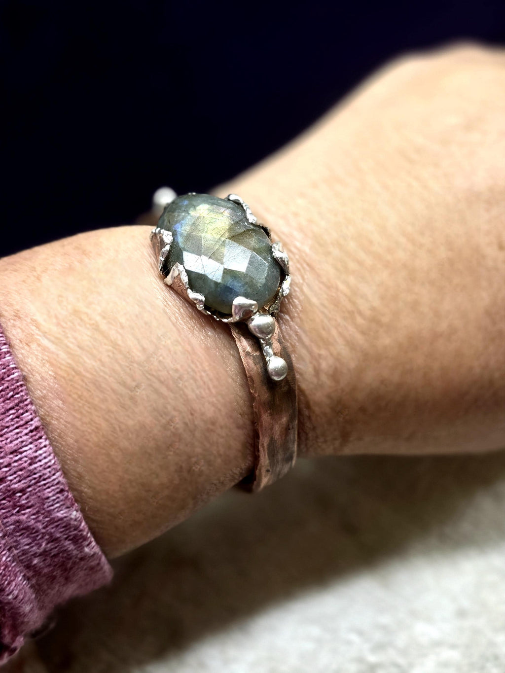 Torn | Hammered Soul Cuff Bracelet – Hand Forged Copper & Silver Solder with Labradorite Stone Rustic Artisan Jewelry – Unbroken Collection