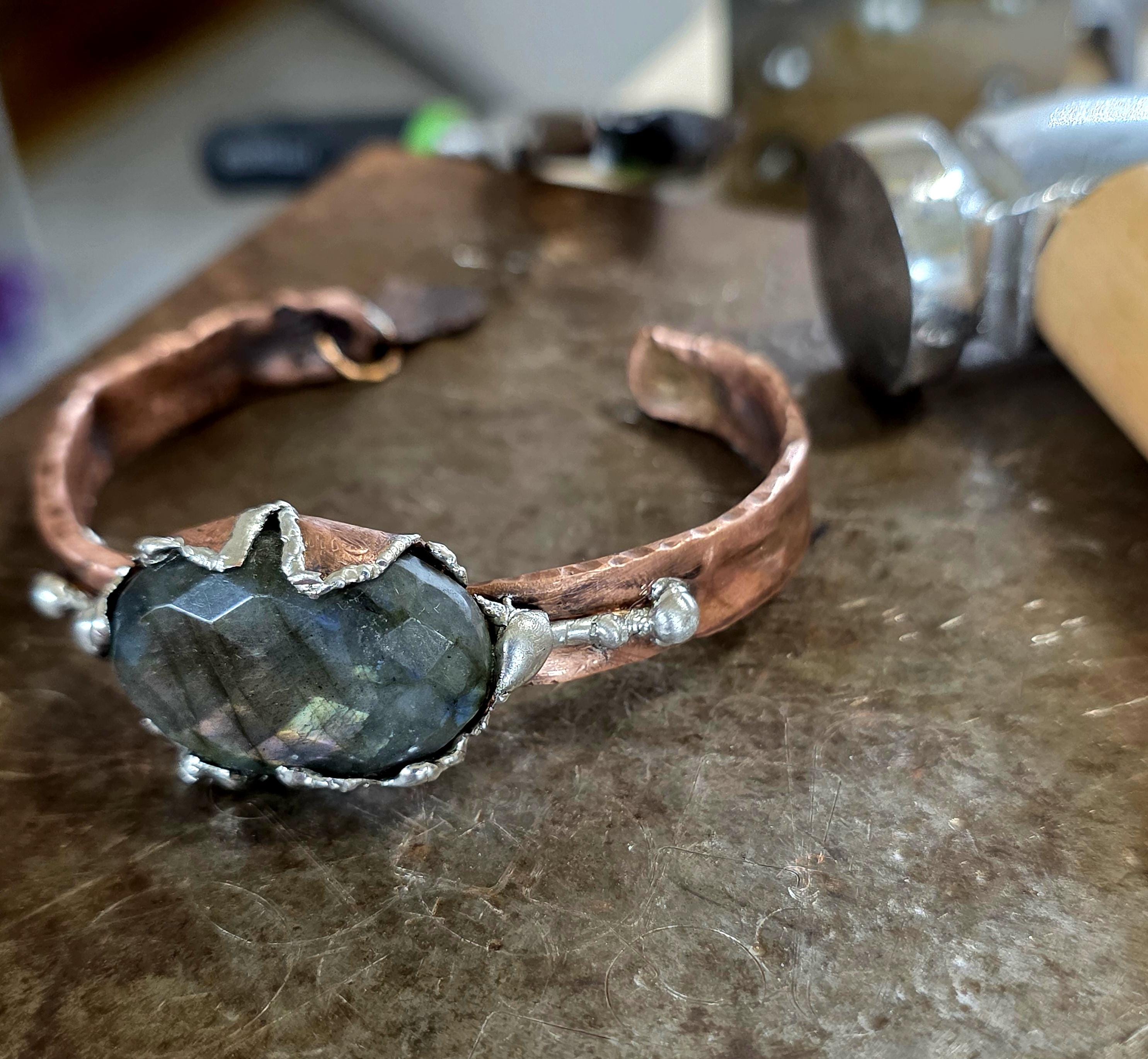 Torn | Hammered Soul Cuff Bracelet – Hand Forged Copper & Silver Solder with Labradorite Stone Rustic Artisan Jewelry – Unbroken Collection