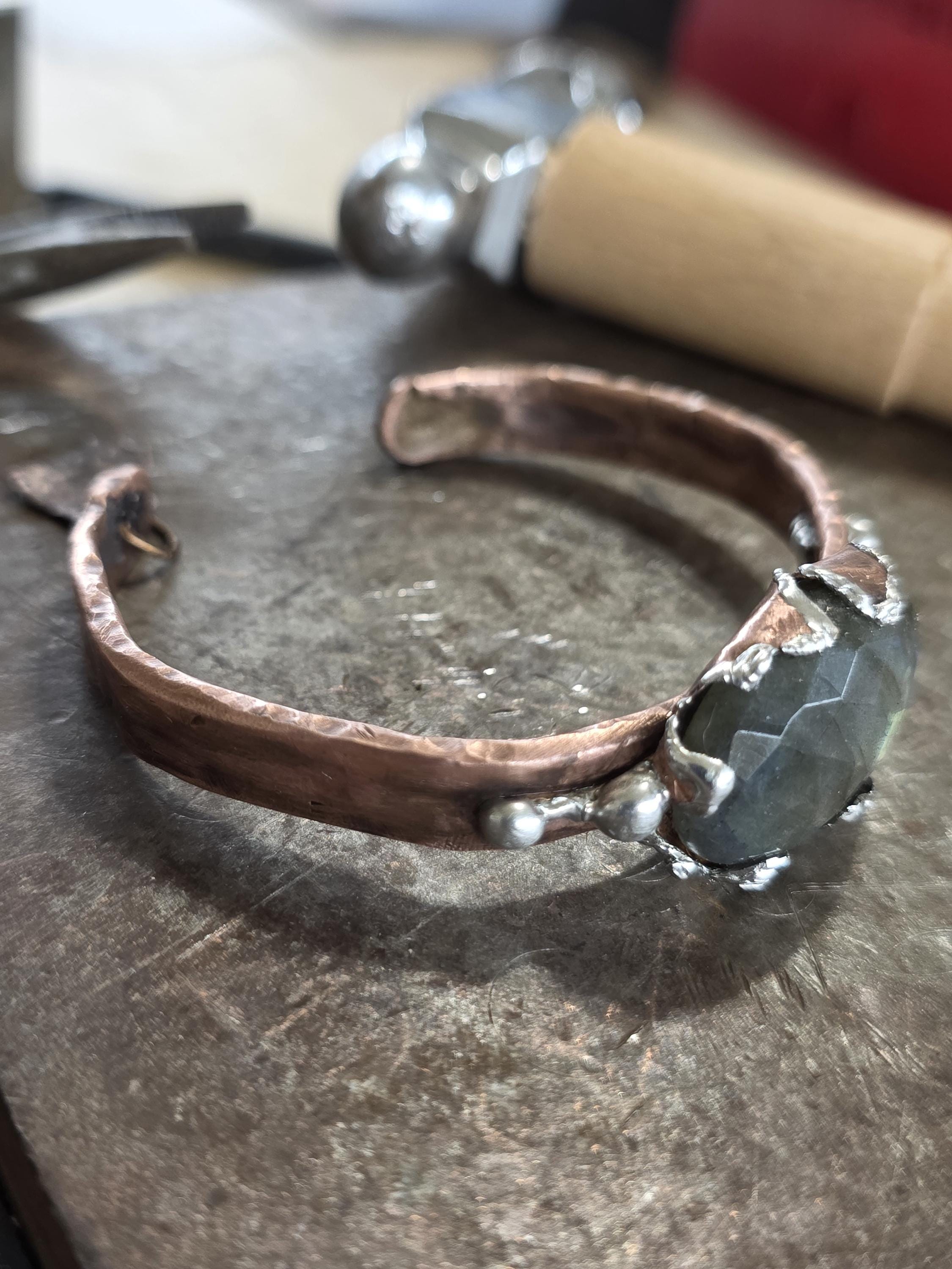 Torn | Hammered Soul Cuff Bracelet – Hand Forged Copper & Silver Solder with Labradorite Stone Rustic Artisan Jewelry – Unbroken Collection