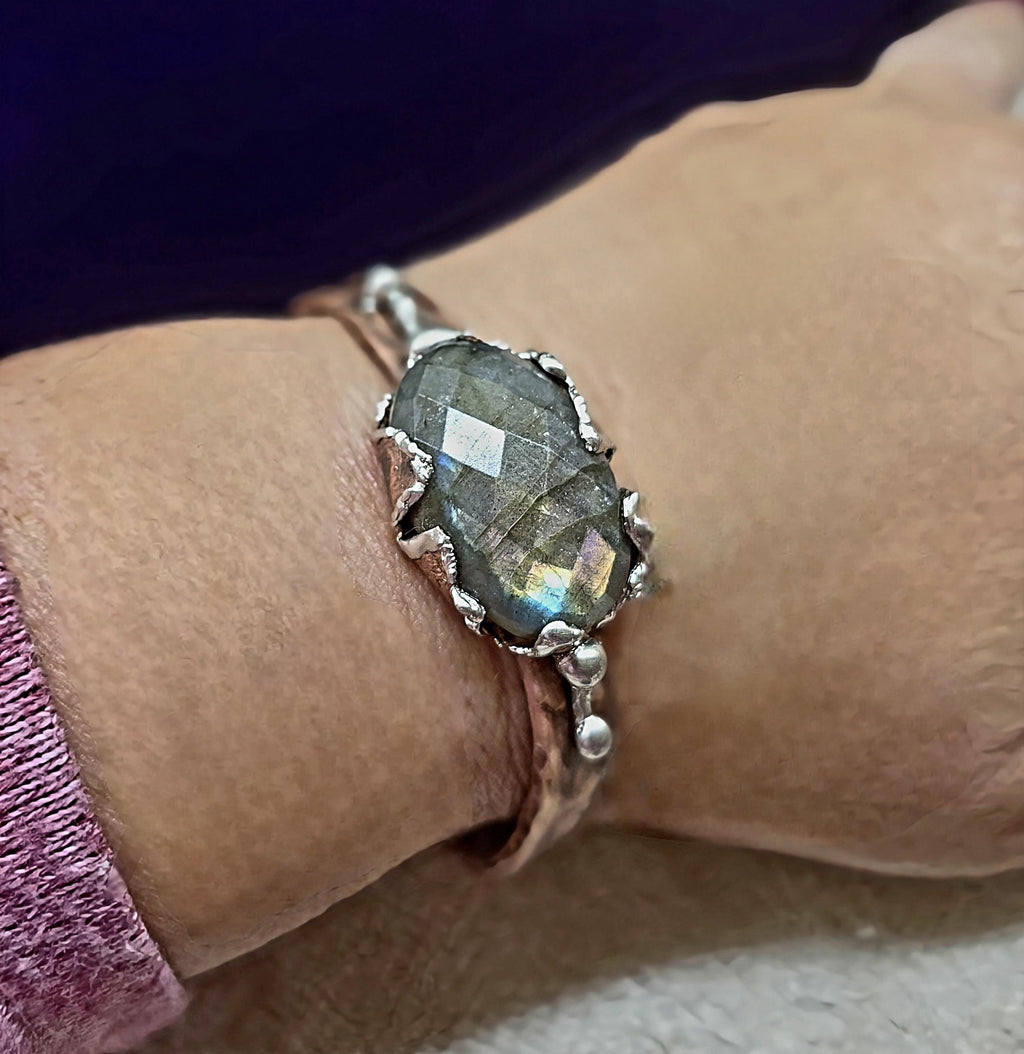 Torn | Hammered Soul Cuff Bracelet – Hand Forged Copper & Silver Solder with Labradorite Stone Rustic Artisan Jewelry – Unbroken Collection