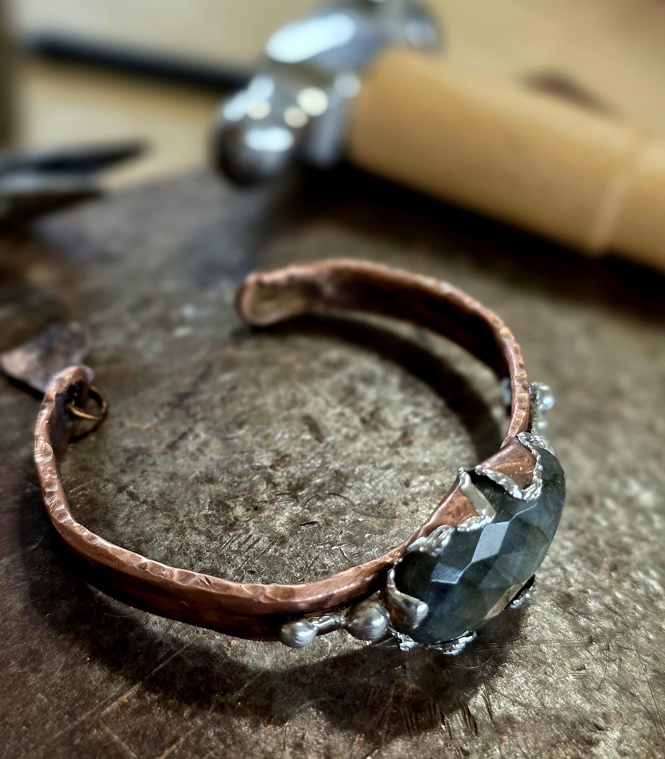 Torn | Hammered Soul Cuff Bracelet – Hand Forged Copper & Silver Solder with Labradorite Stone Rustic Artisan Jewelry – Unbroken Collection