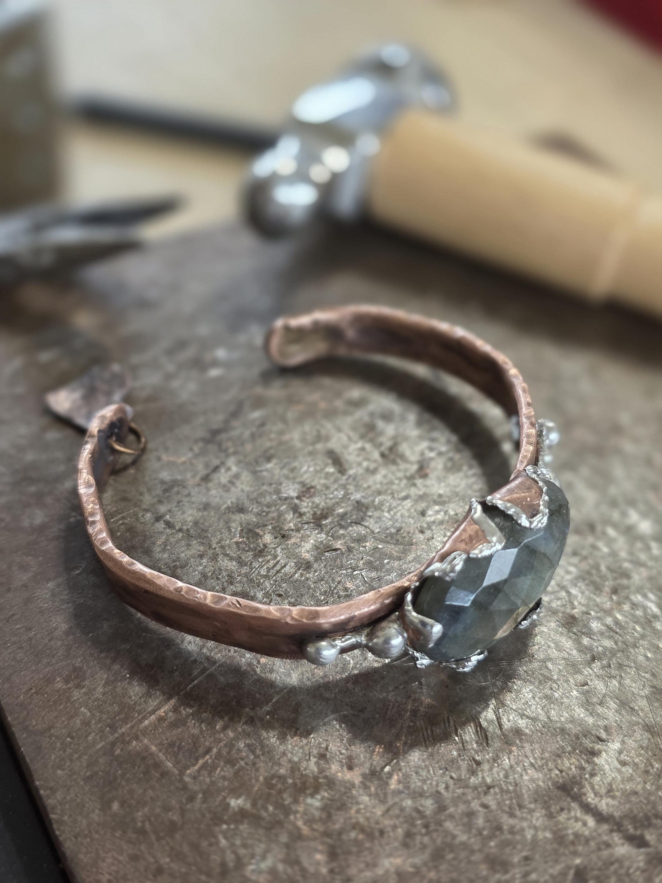 Torn | Hammered Soul Cuff Bracelet – Hand Forged Copper & Silver Solder with Labradorite Stone Rustic Artisan Jewelry – Unbroken Collection