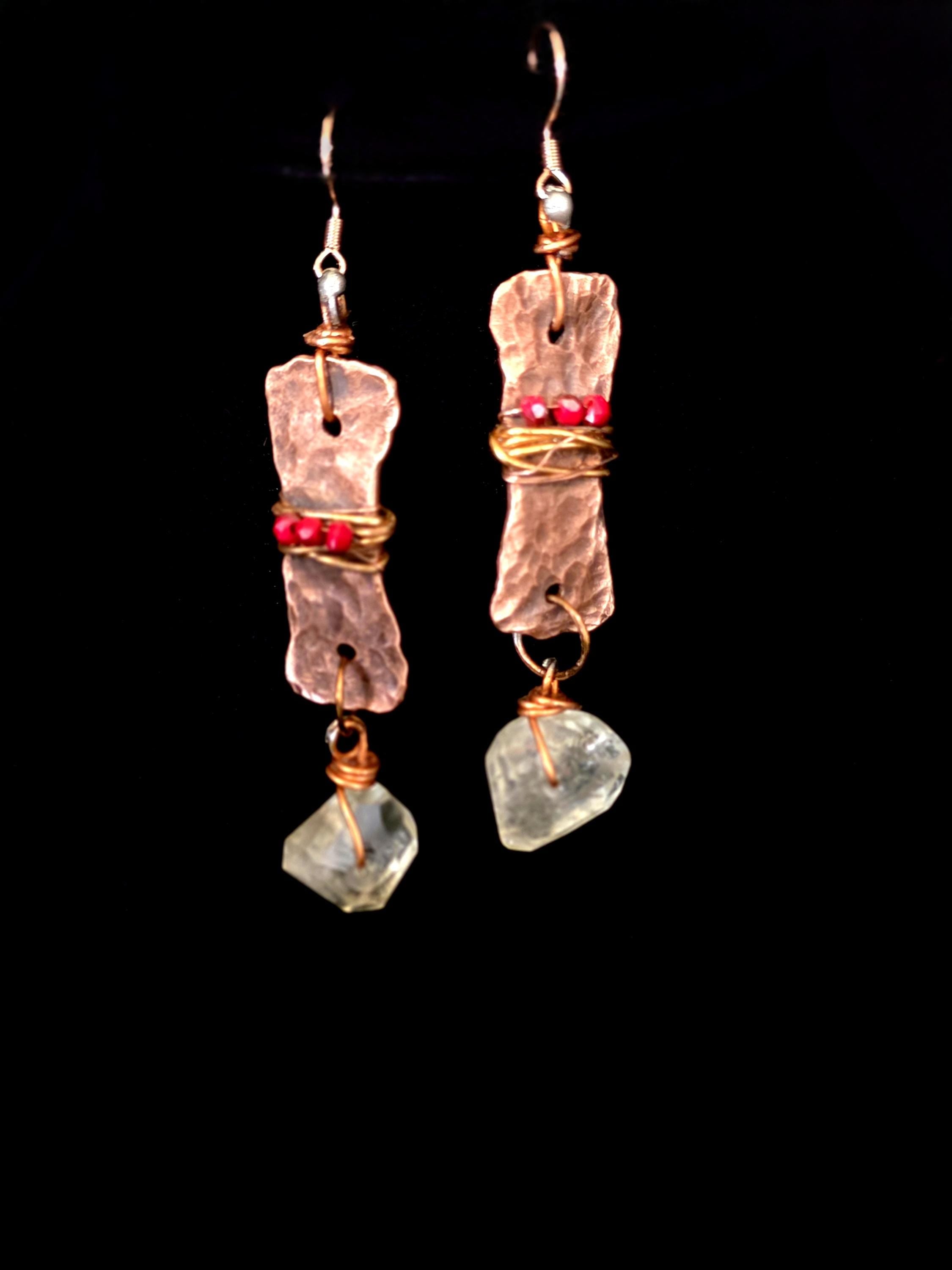 From Rust to Redemption Earrings | Hammered Copper & Prehnite Earrings with Red Accents | Rustic Boho Artisan Jewelry | Unbroken Collection