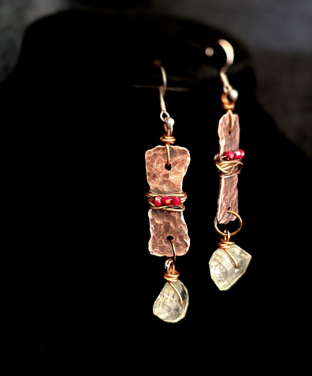 From Rust to Redemption Earrings | Hammered Copper & Prehnite Earrings with Red Accents | Rustic Boho Artisan Jewelry | Unbroken Collection