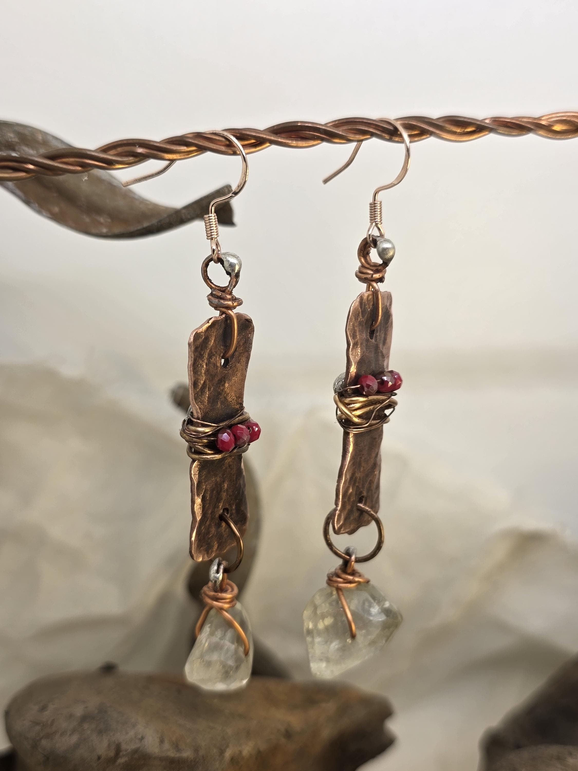 From Rust to Redemption Earrings | Hammered Copper & Prehnite Earrings with Red Accents | Rustic Boho Artisan Jewelry | Unbroken Collection