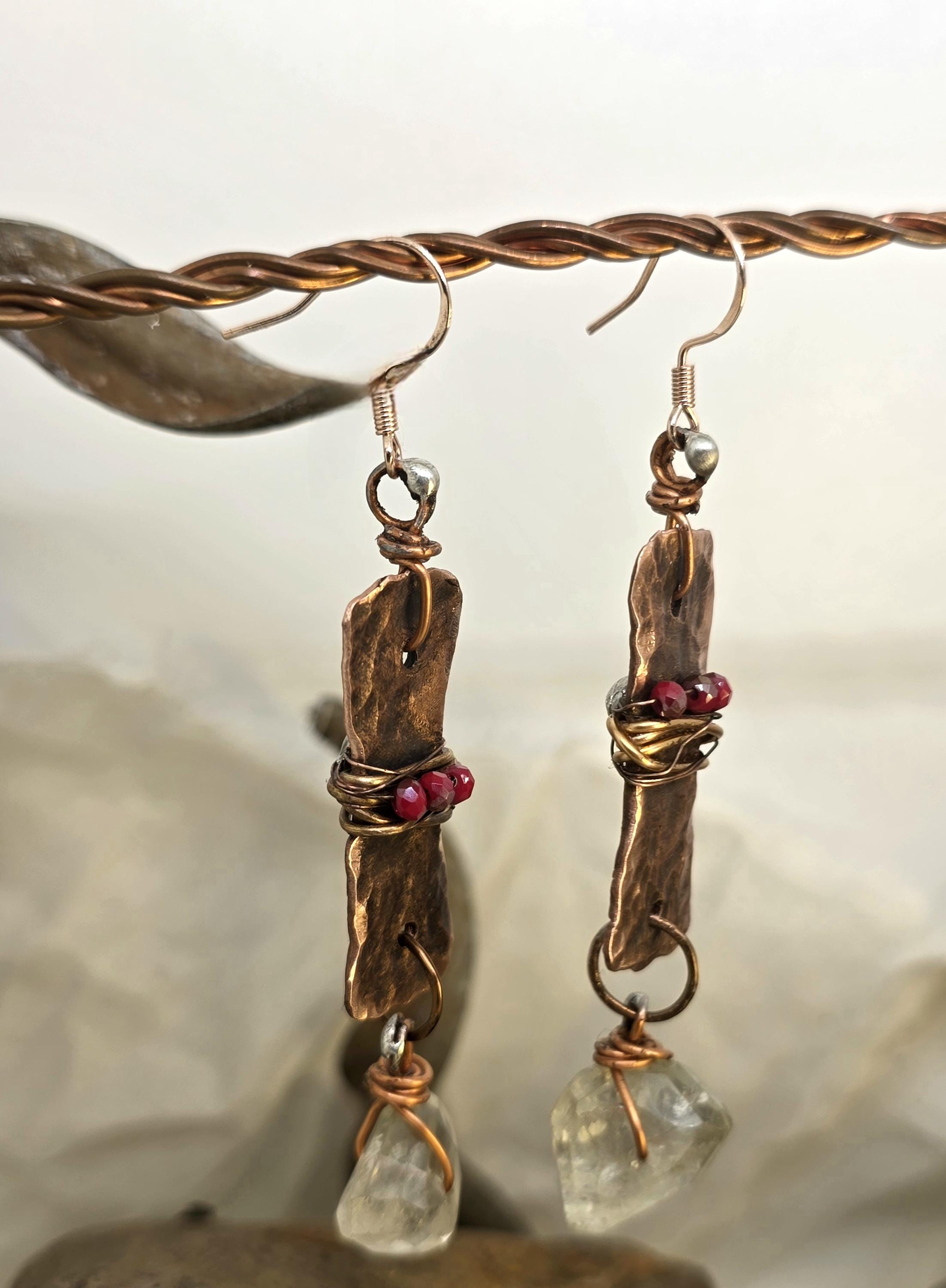 From Rust to Redemption Earrings | Hammered Copper & Prehnite Earrings with Red Accents | Rustic Boho Artisan Jewelry | Unbroken Collection